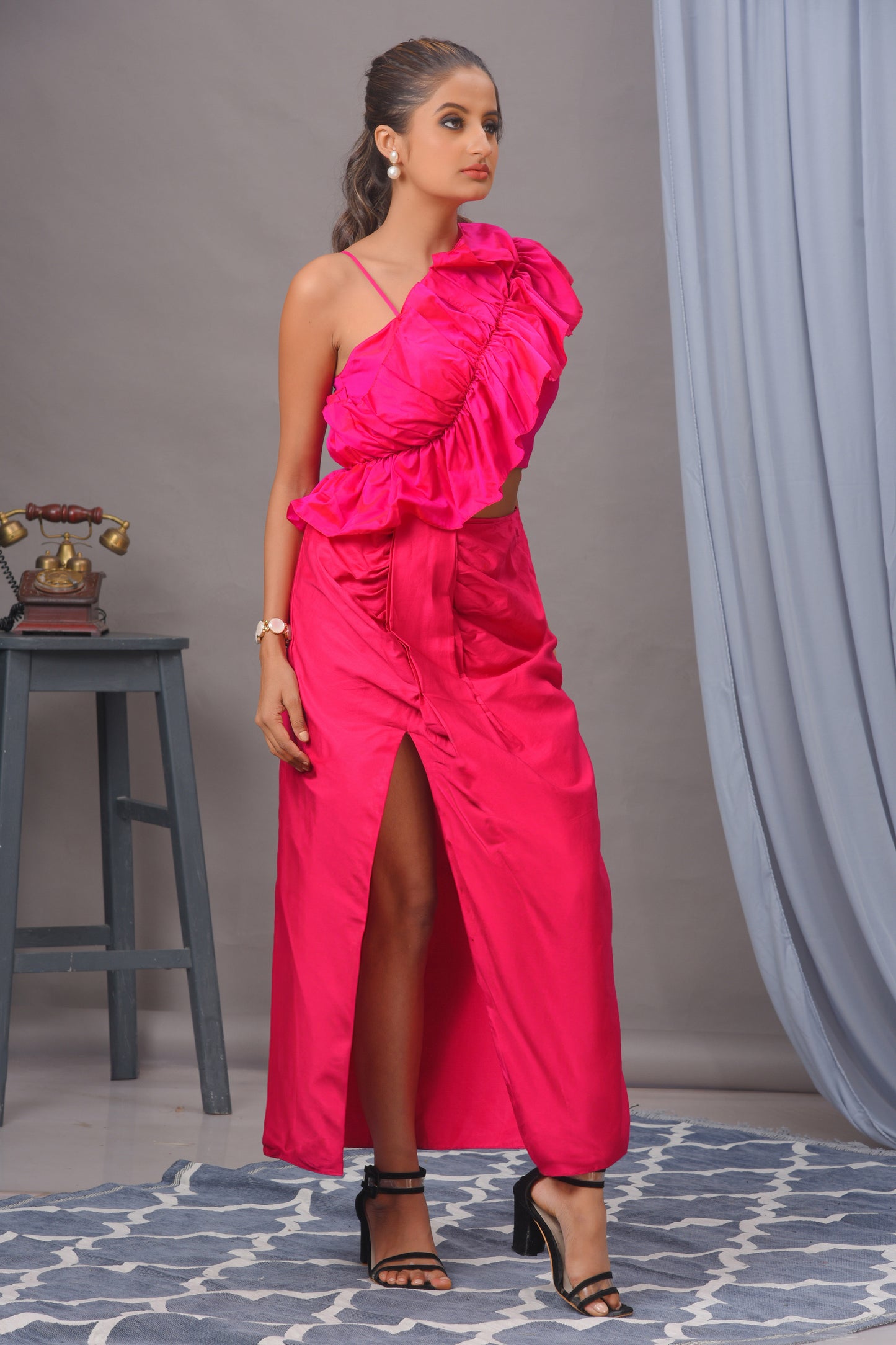 Fuchsia Pink Blended Cotton Draped Skirt Set