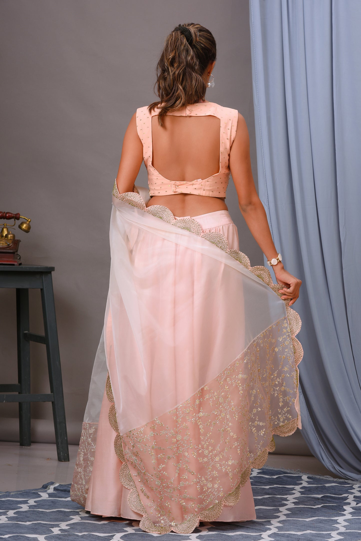Salmon Pink Silk and Organza Embroidered Lehenga Set