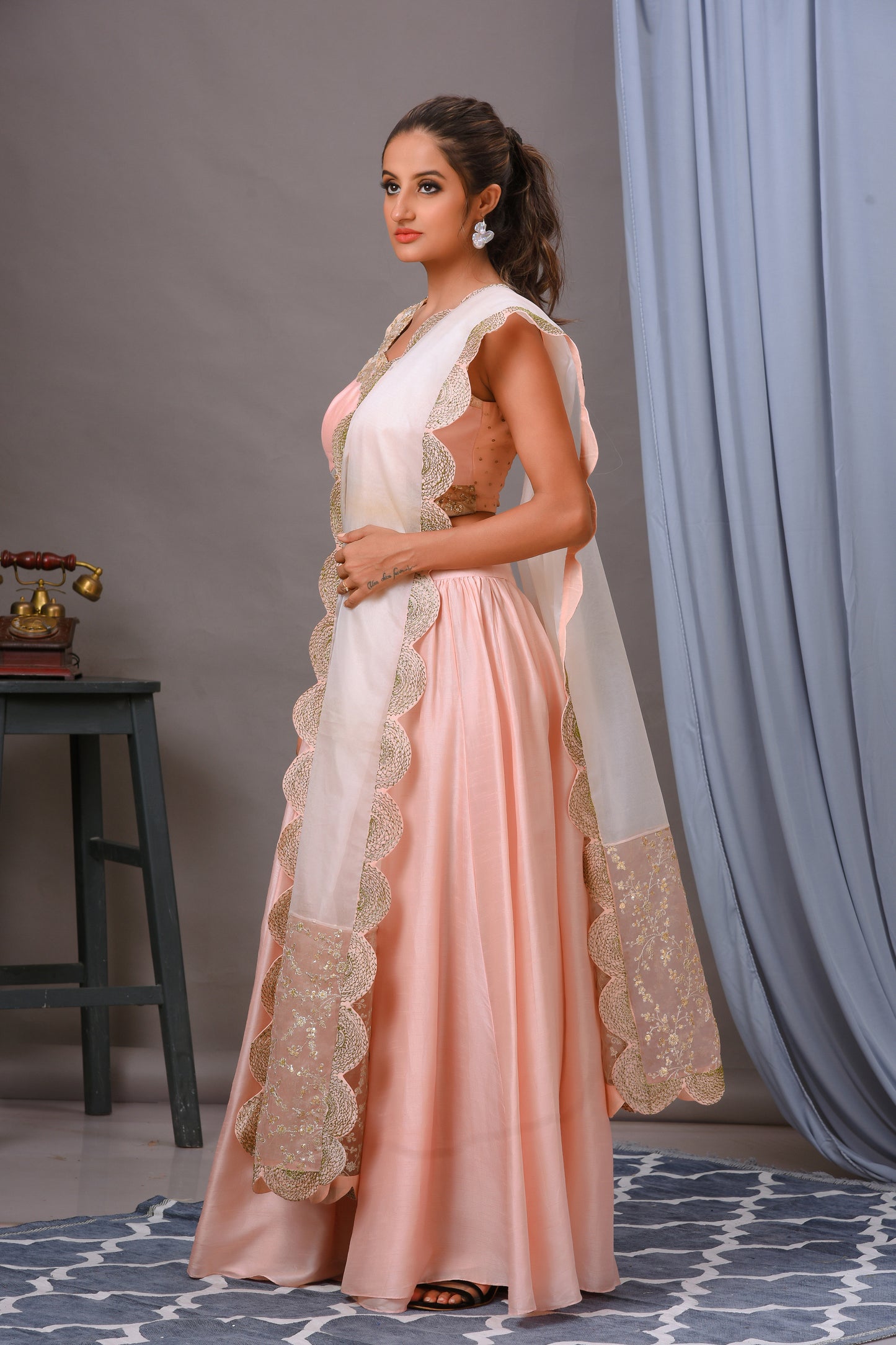 Salmon Pink Silk and Organza Embroidered Lehenga Set