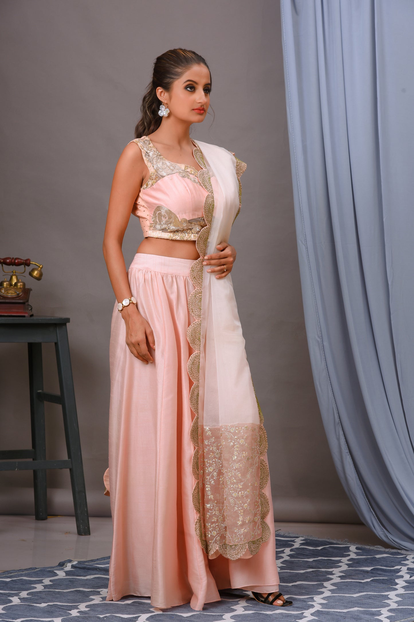 Salmon Pink Silk and Organza Embroidered Lehenga Set