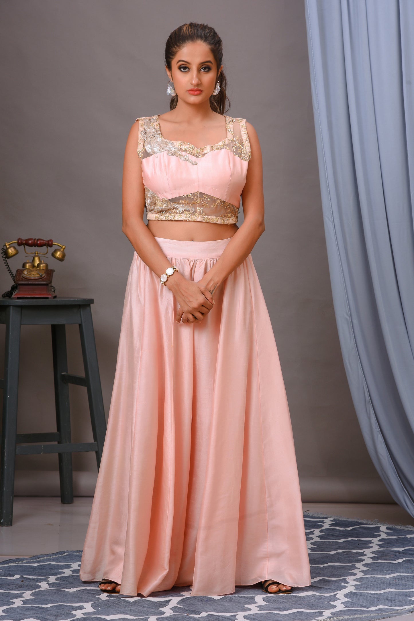Salmon Pink Silk and Organza Embroidered Lehenga Set