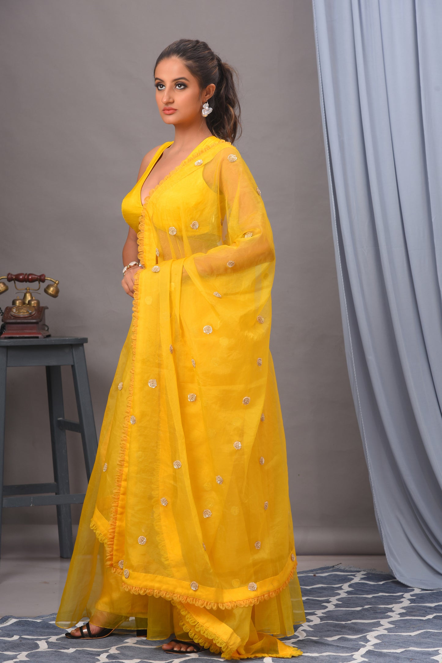 Yellow Silk and Organza Sharara Set