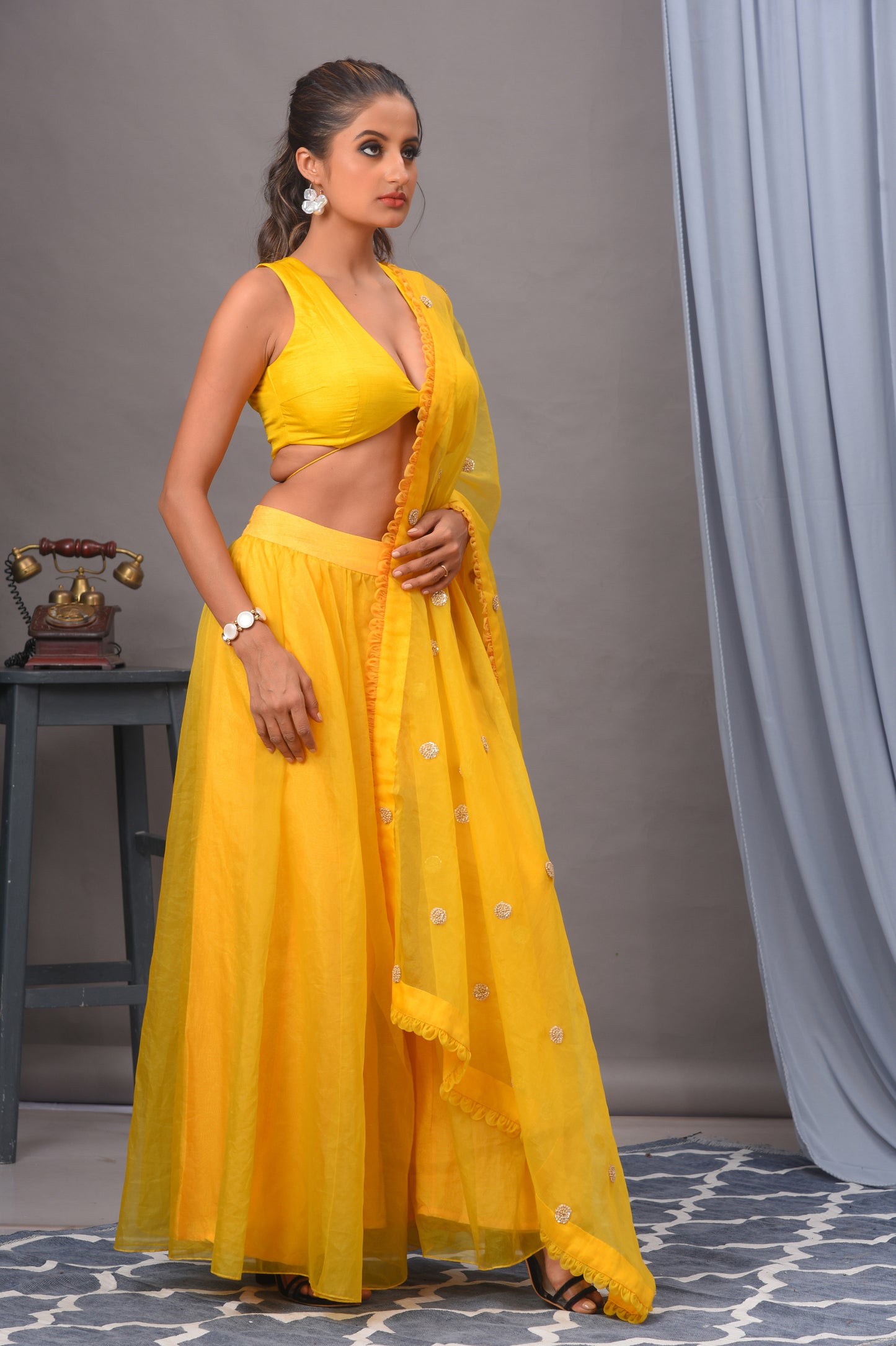 Yellow Silk and Organza Sharara Set