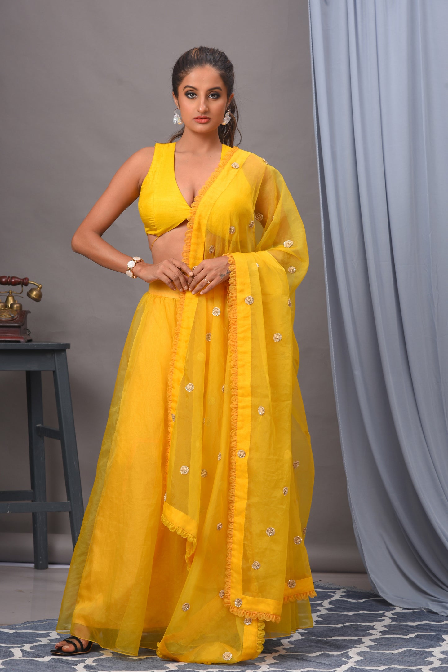 Yellow Silk and Organza Sharara Set