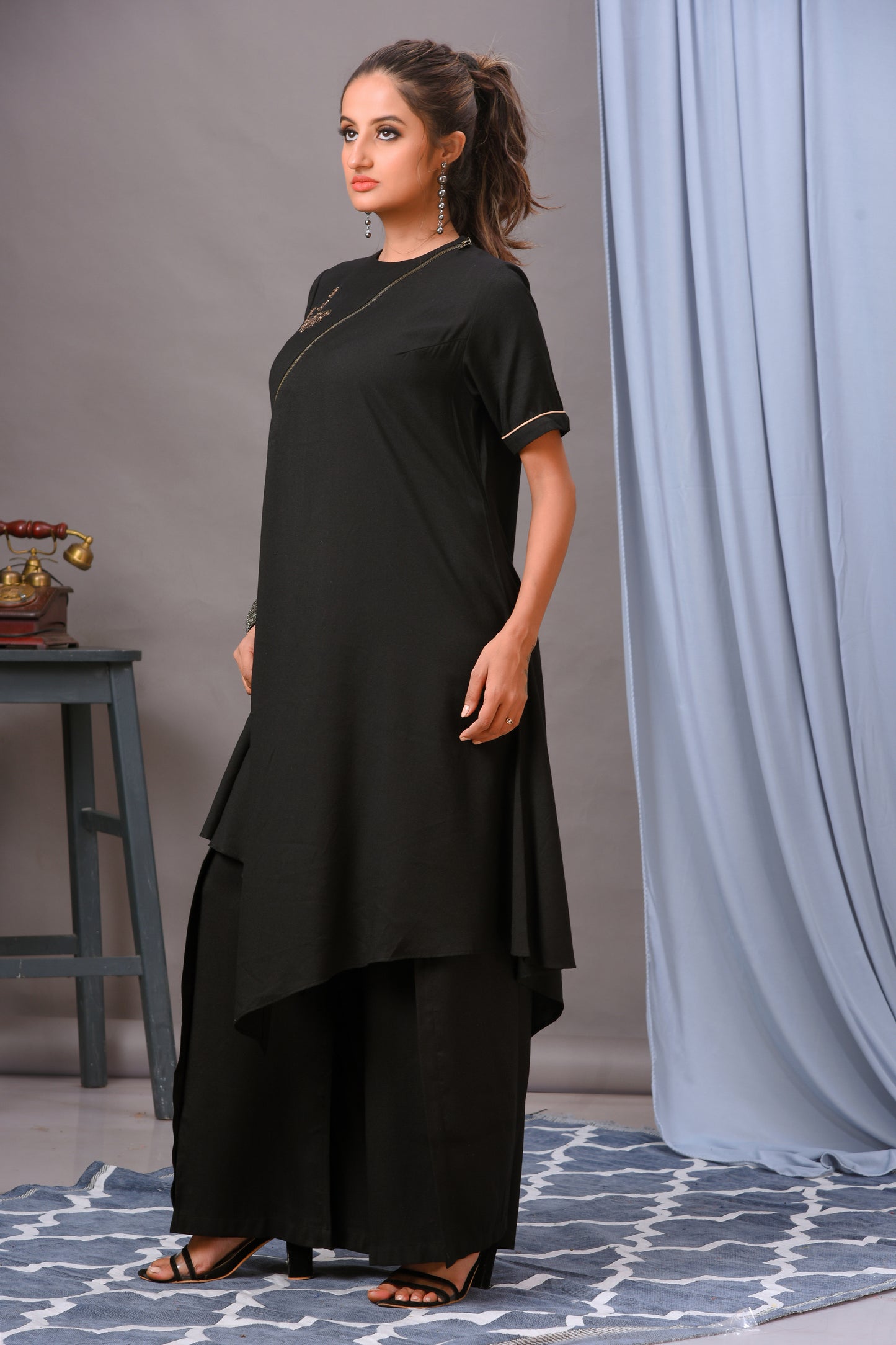 Black Cotton Rayon Embellished Tunic Set