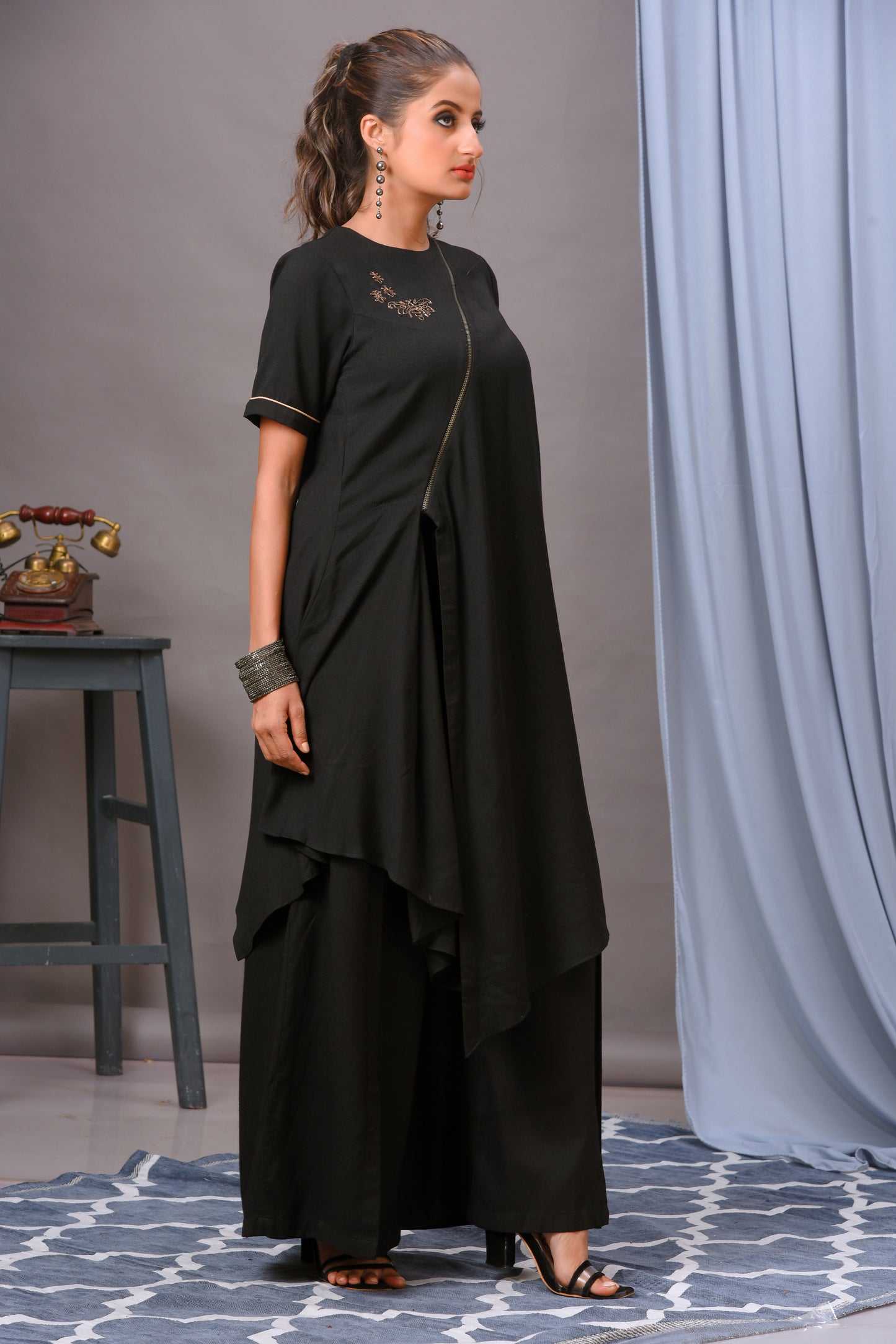 Black Cotton Rayon Embellished Tunic Set