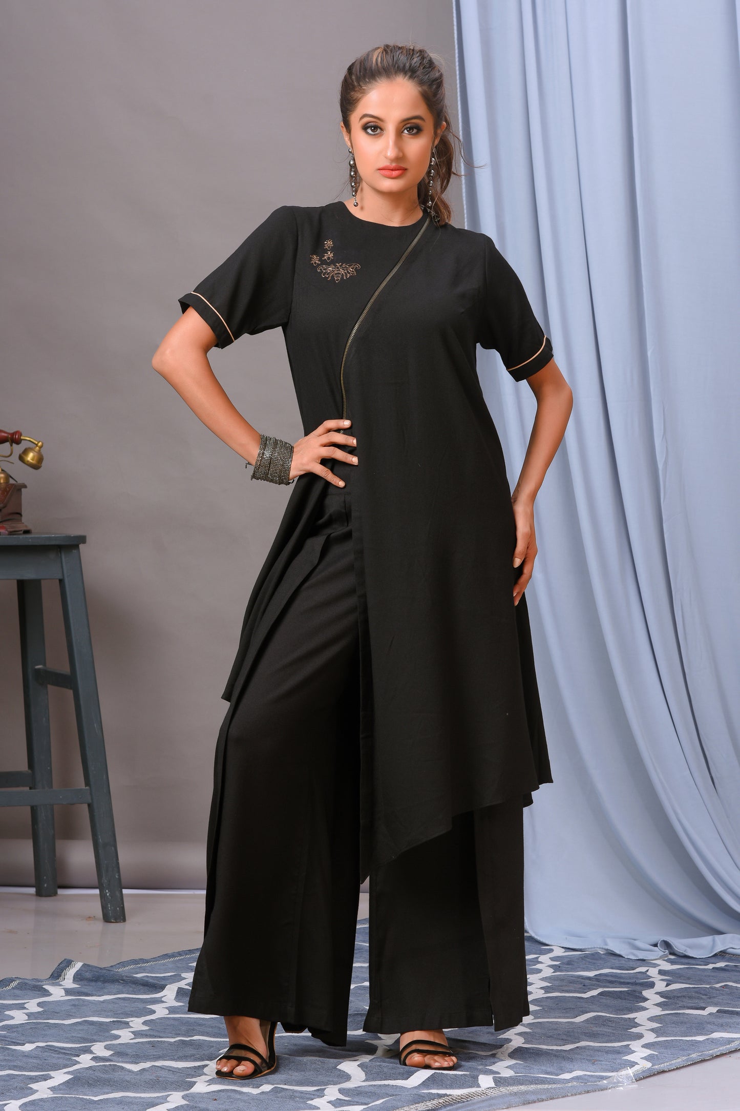Black Cotton Rayon Embellished Tunic Set