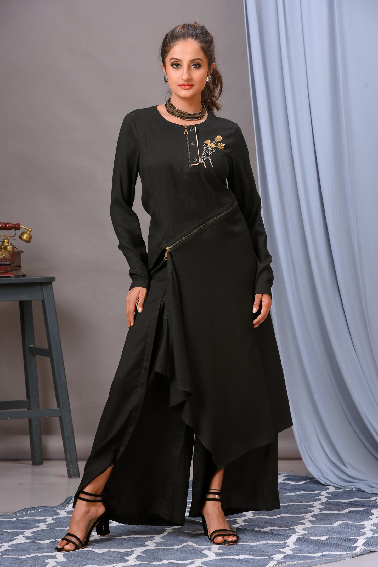 Black Cotton Rayon Asymmetric Tunic Set