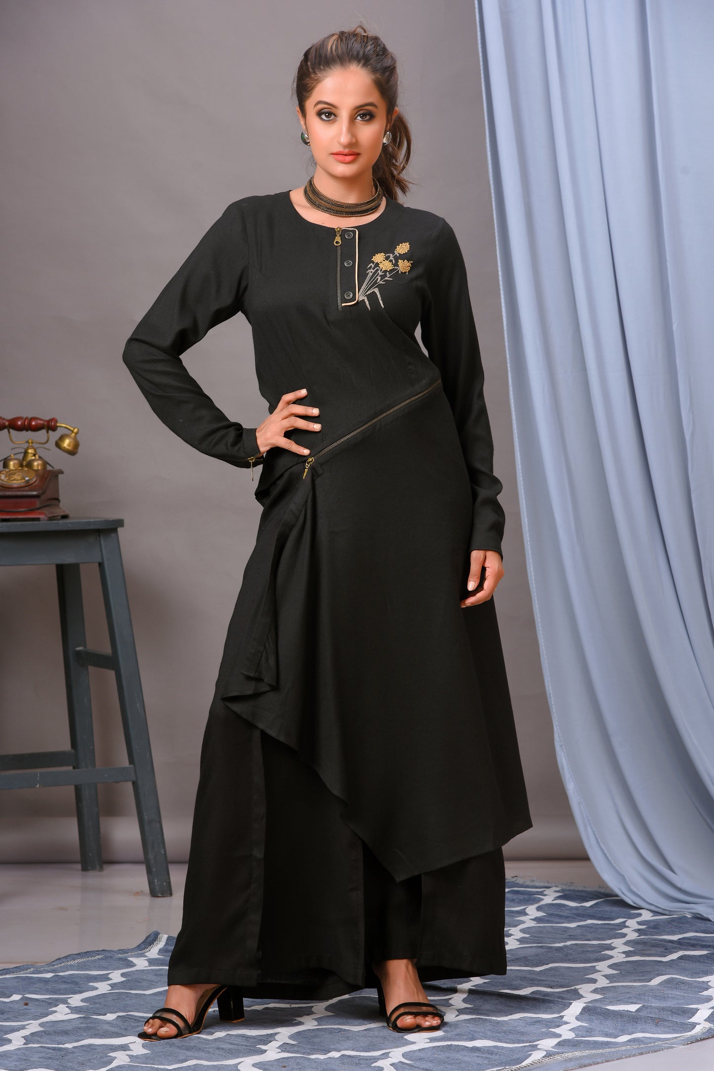 Black Cotton Rayon Asymmetric Tunic Set