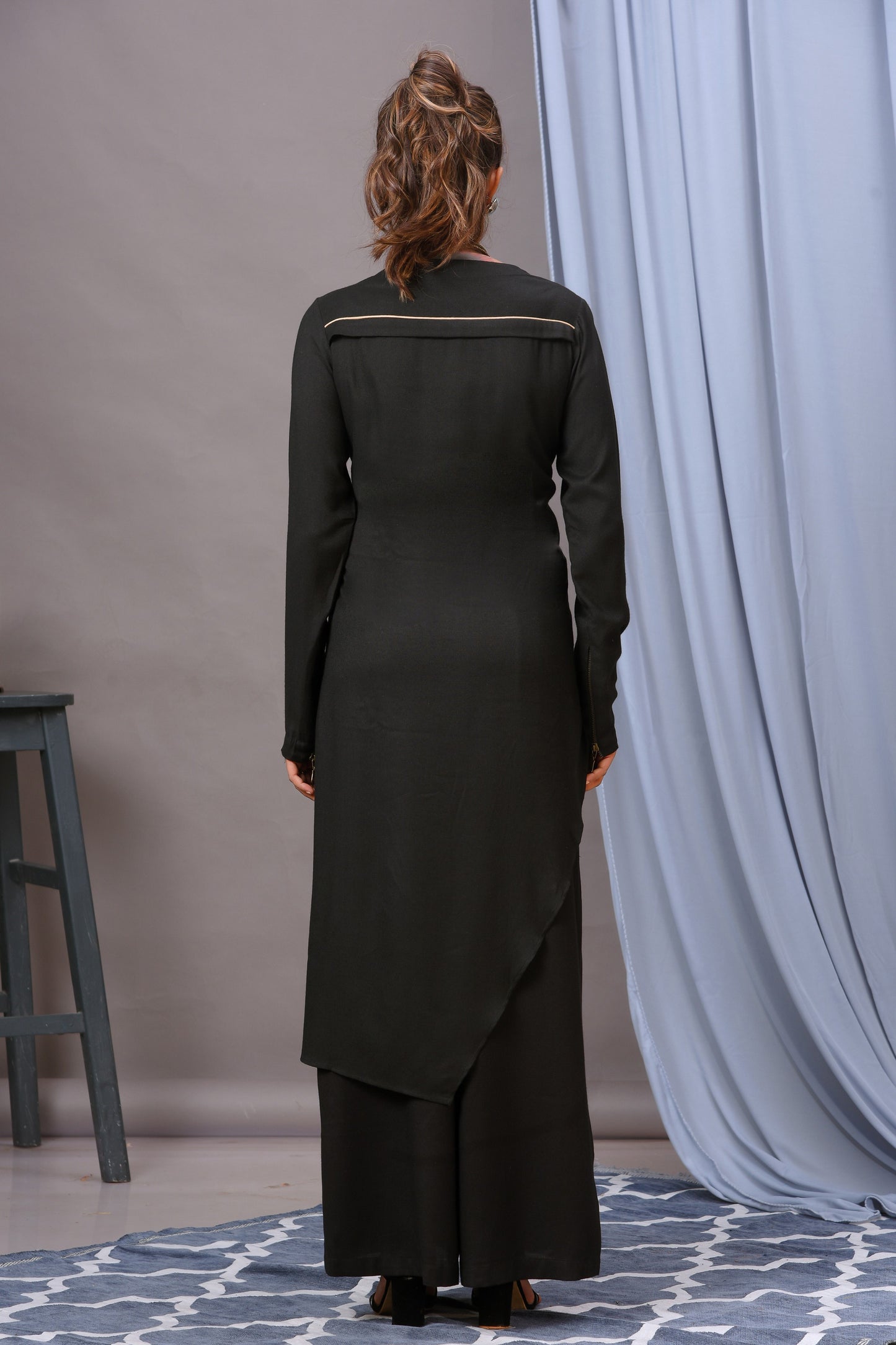 Black Cotton Rayon Asymmetric Tunic Set