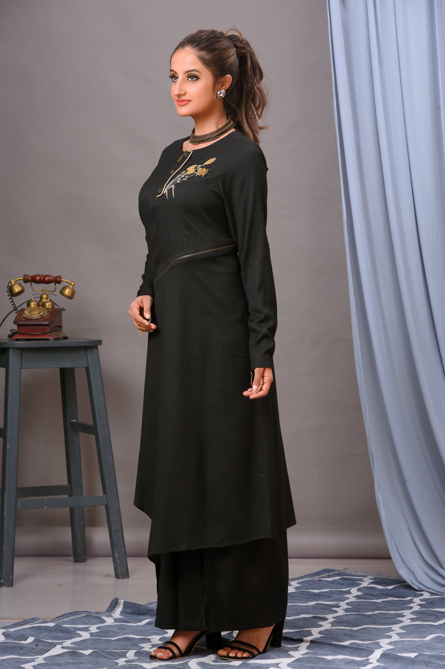 Black Cotton Rayon Asymmetric Tunic Set