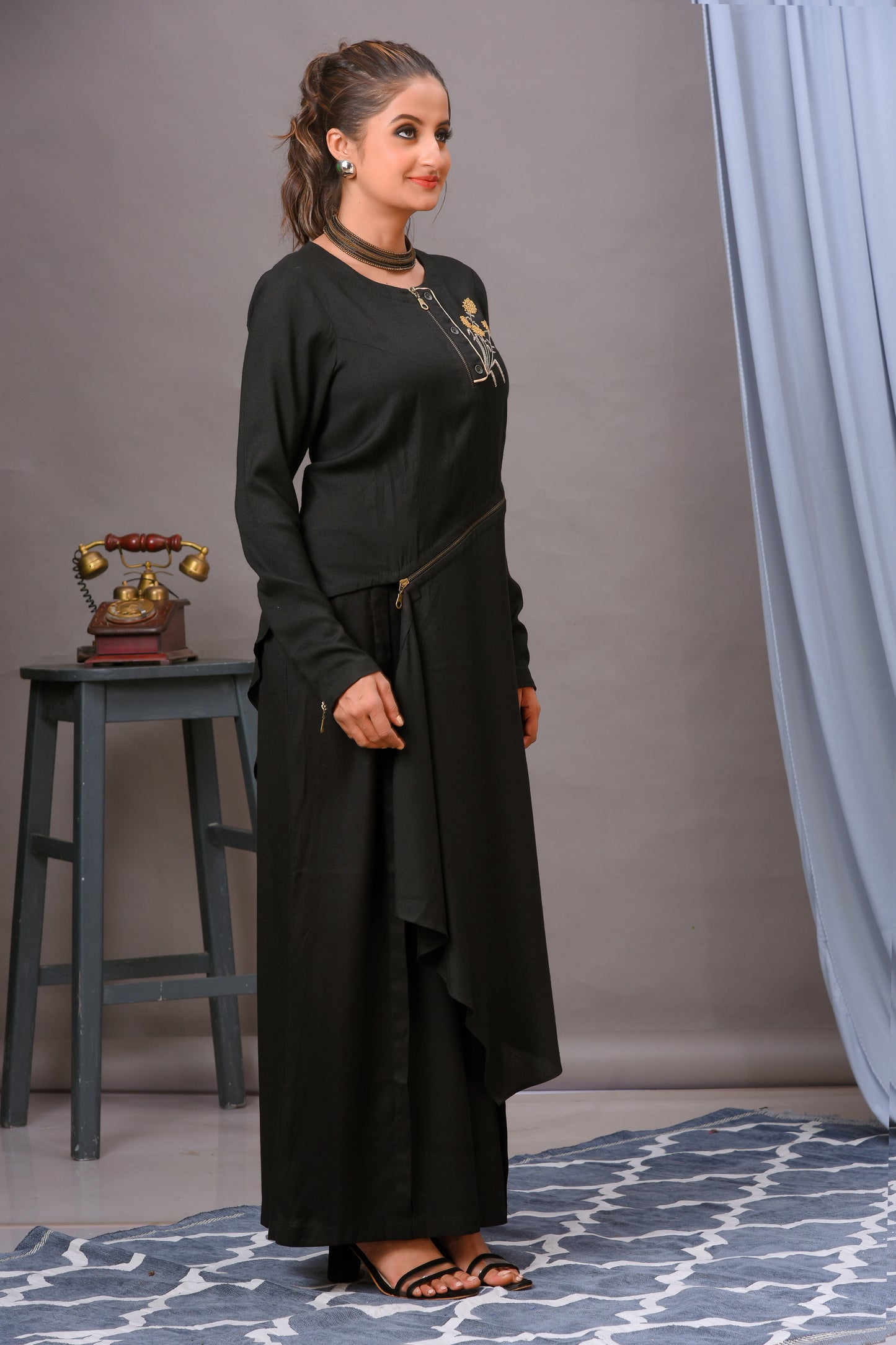 Black Cotton Rayon Asymmetric Tunic Set