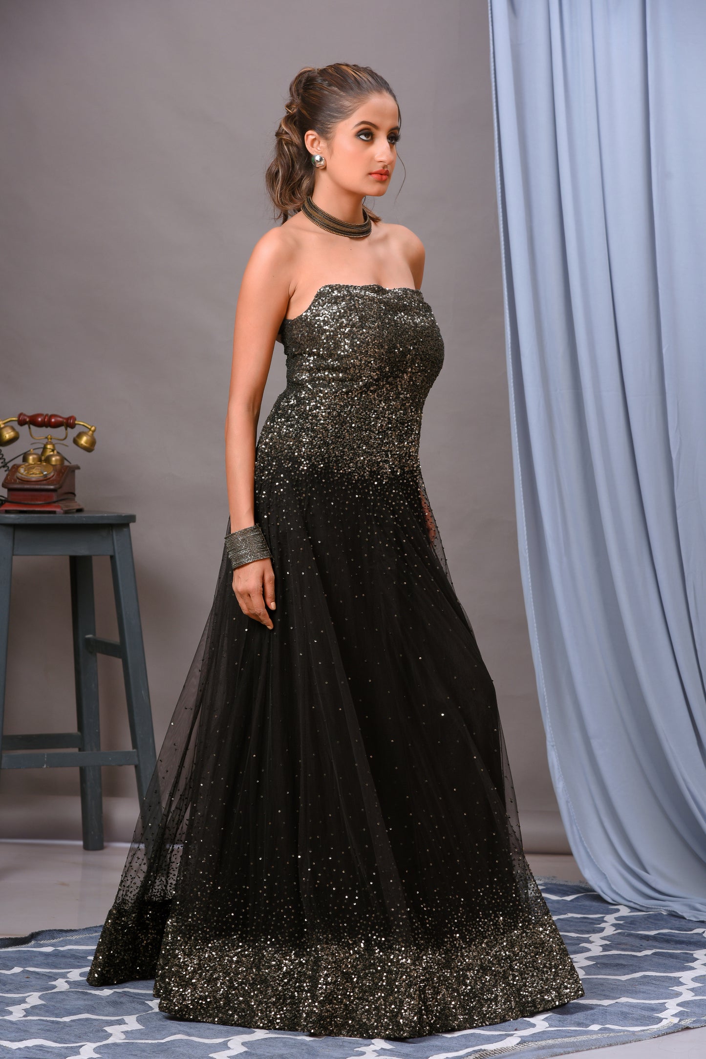 Black Net Sequin Embellished Off Shoulder Gown