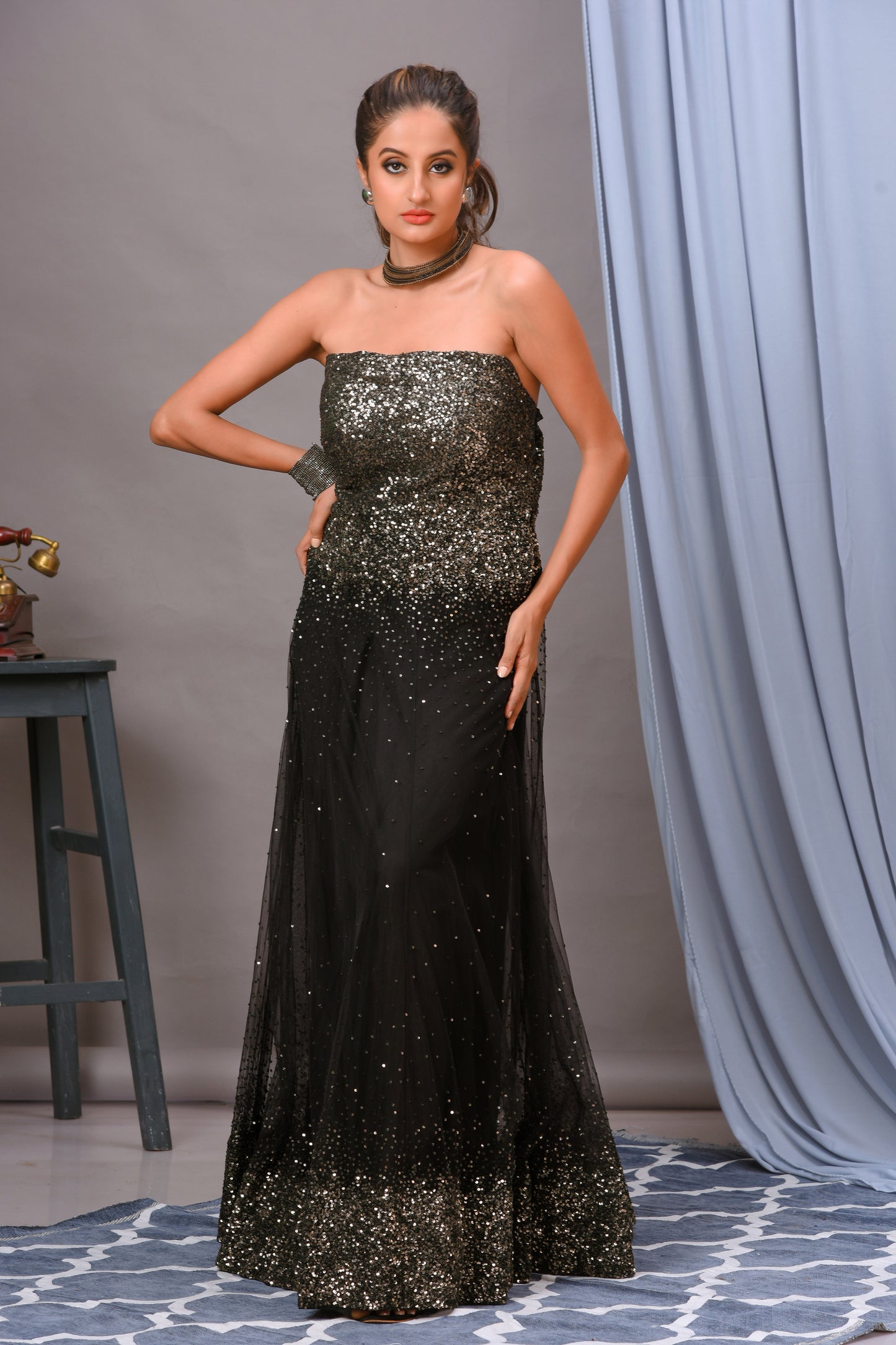 Black Net Sequin Embellished Off Shoulder Gown