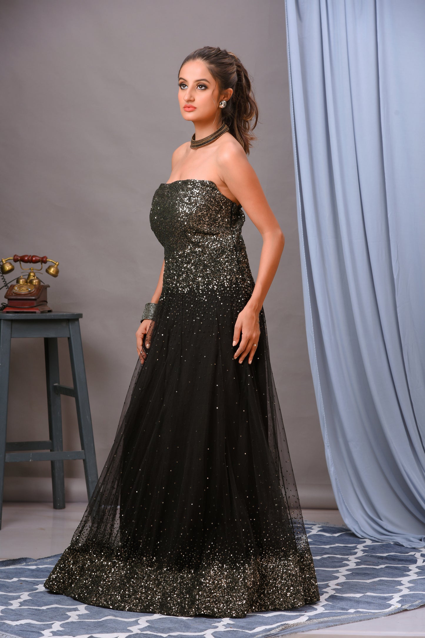 Black Net Sequin Embellished Off Shoulder Gown