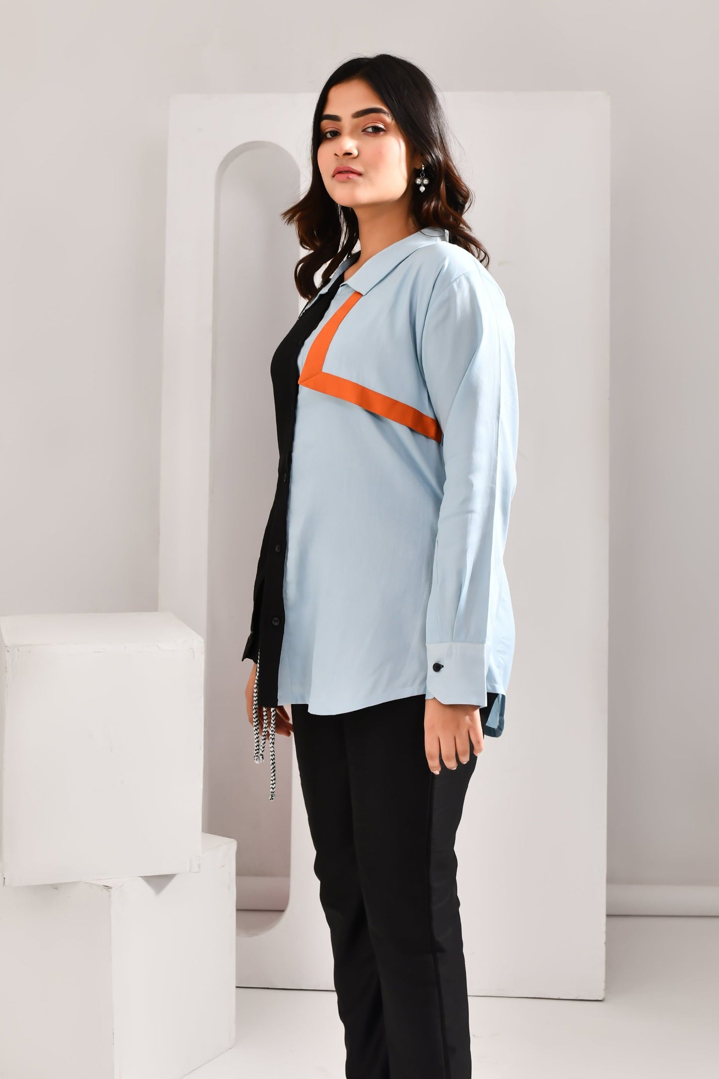 Black & Sky Blue Thread Worked Blended Cotton Shirt - Golden Muslin