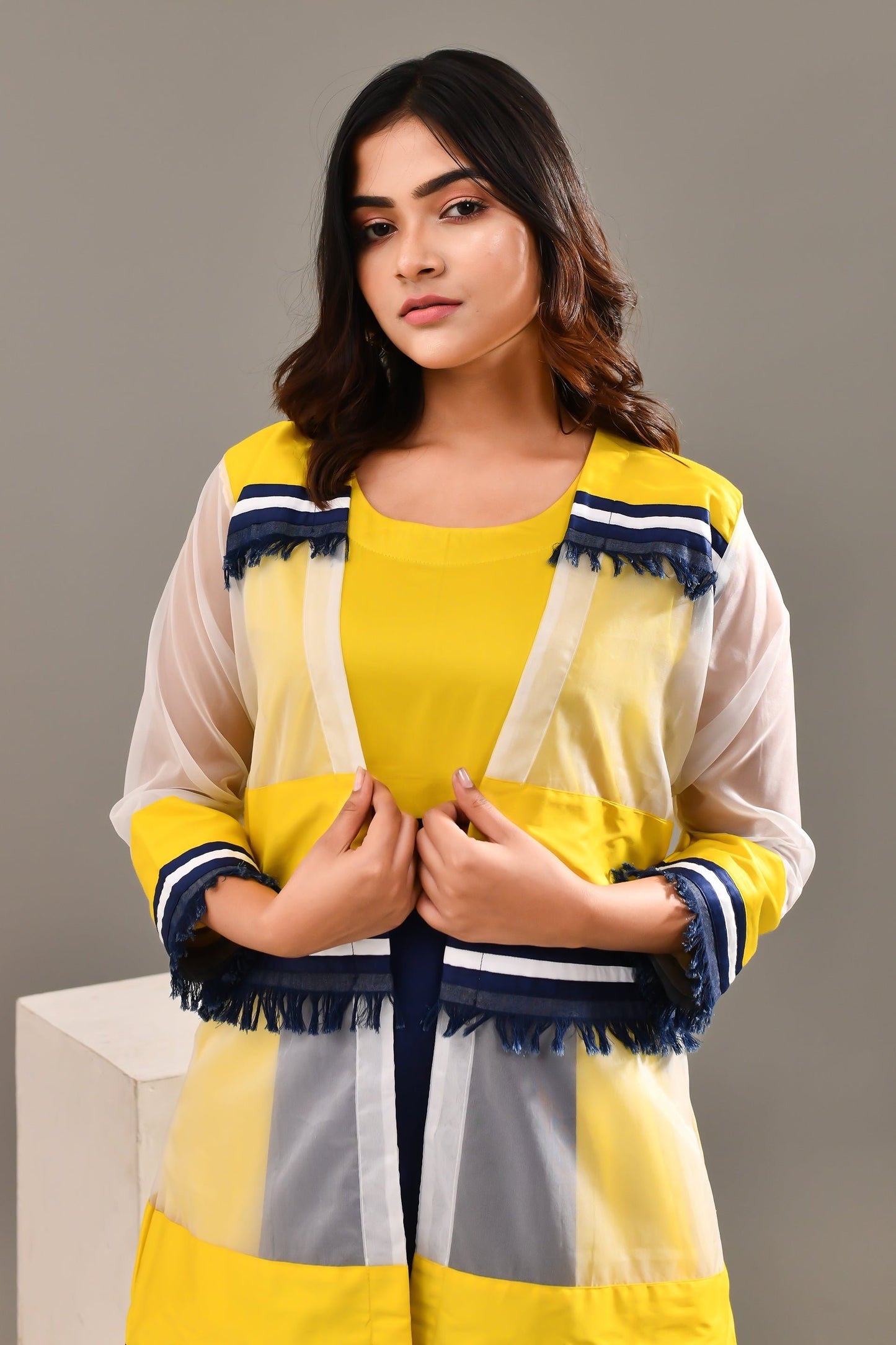 Captivating Multicolored Blended Cotton & Organza Jacket Style Dress - Golden Muslin