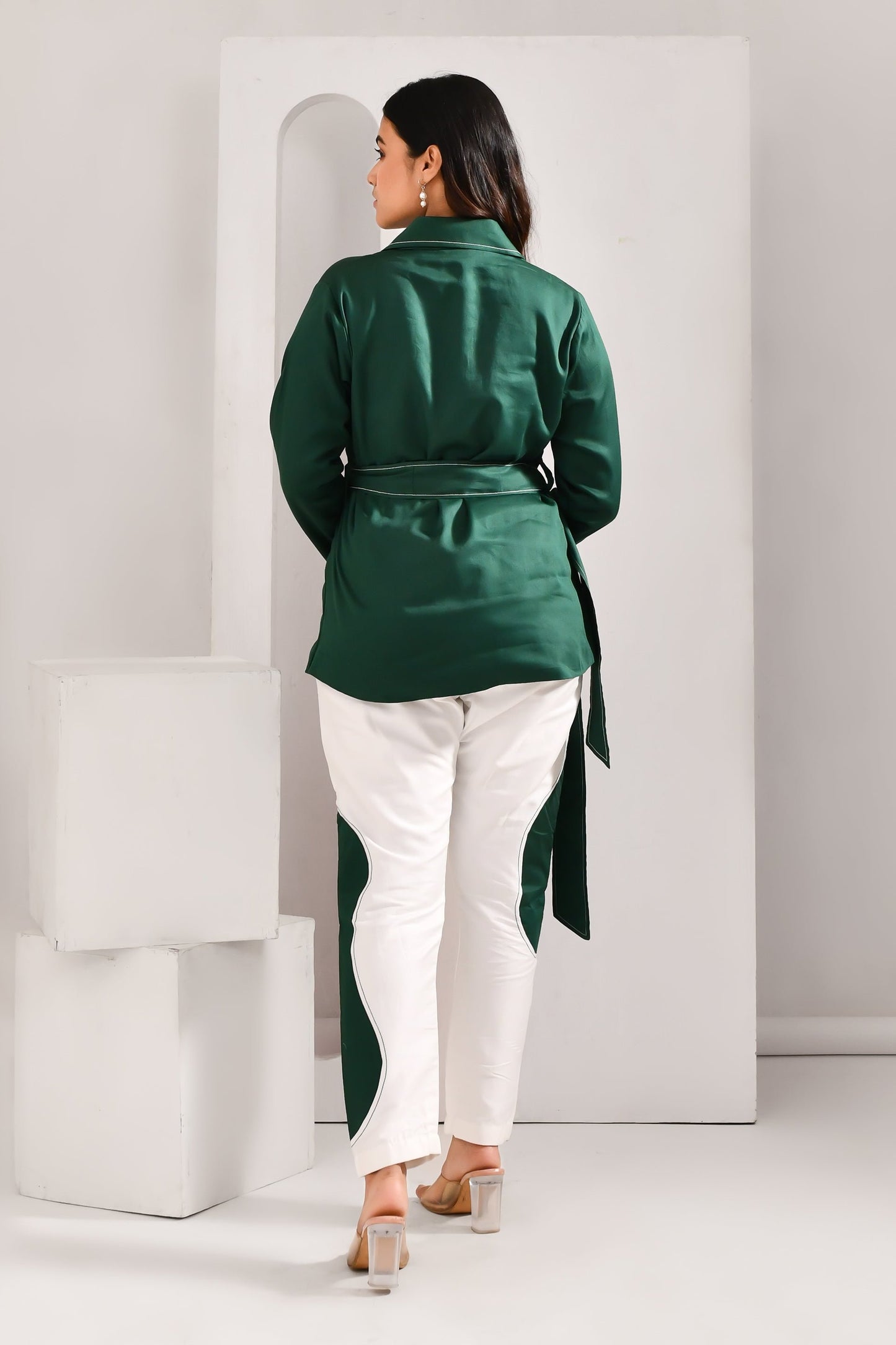 Hunter Green & White Blended Cotton Belt Tie Co Ord Set - Golden Muslin
