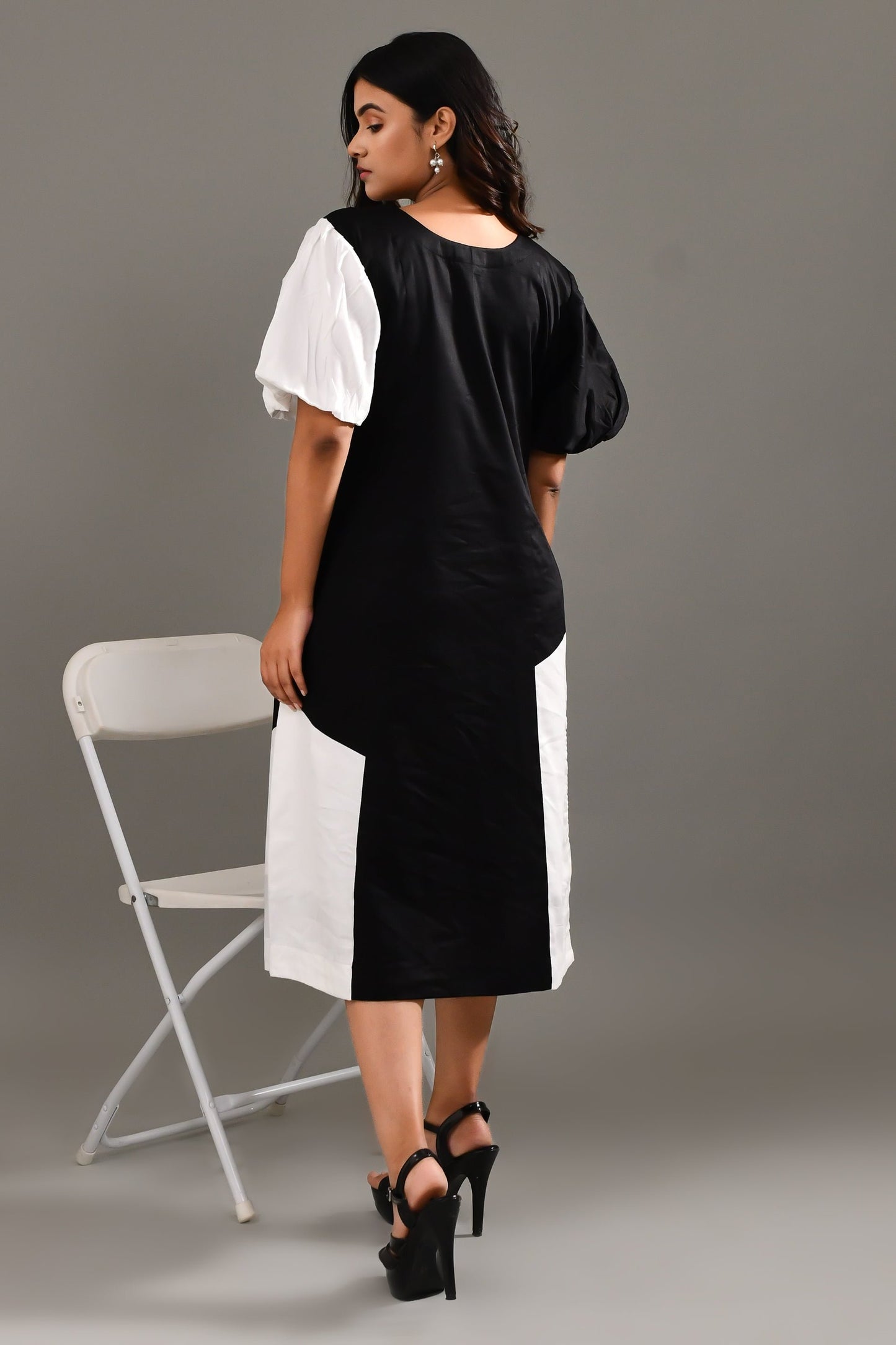 Black & White Blended Cotton Self Textured Dress - Golden Muslin