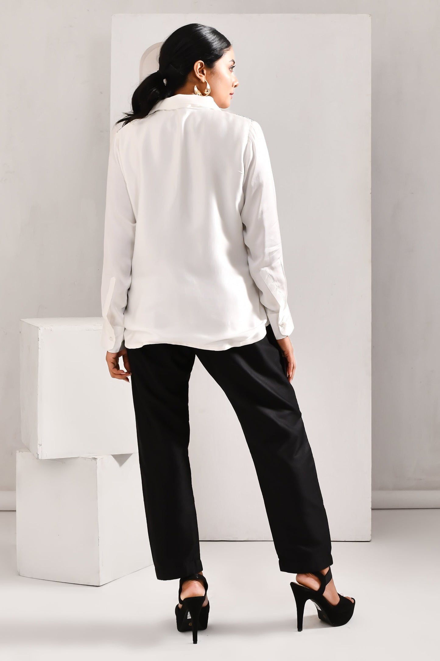 White Modal Satin Kantha Style Shirt - Golden Muslin