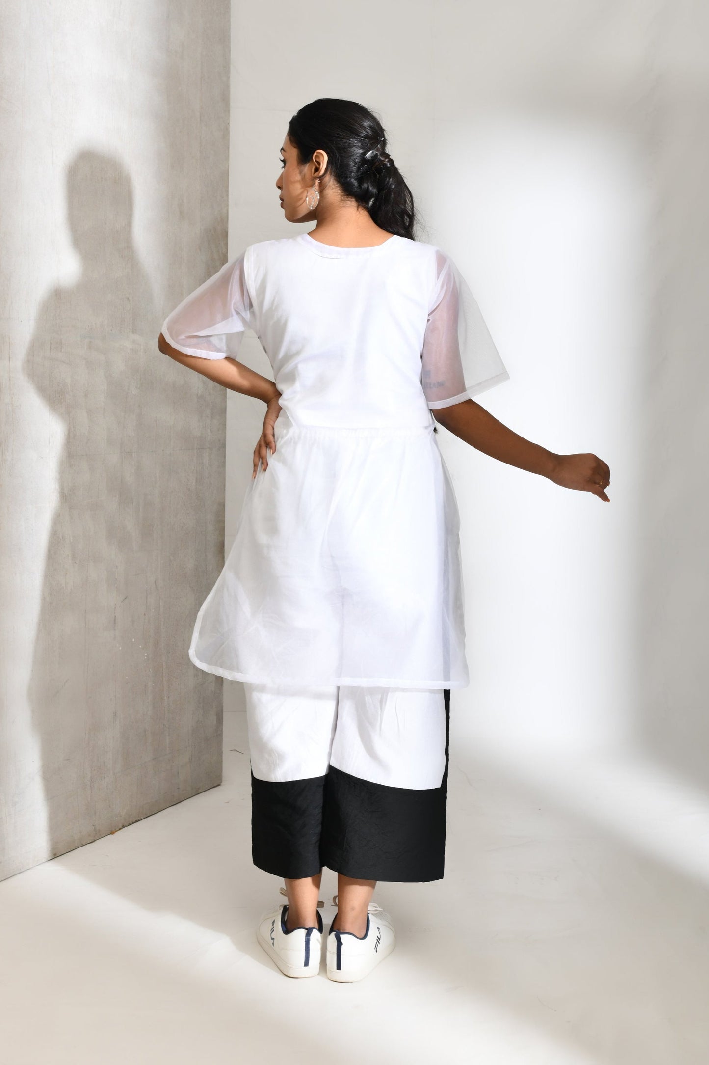 Black and White Blended Cotton and Organza Co Ord Set - Golden Muslin