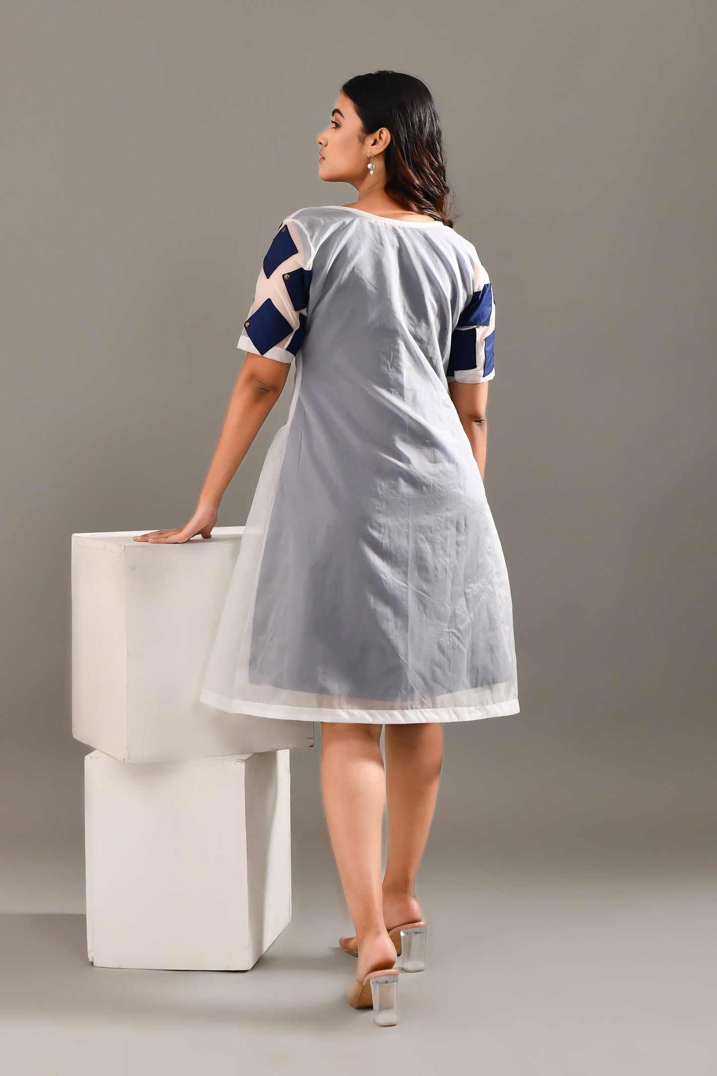 Grey & Blue Blended Cotton & Organza Geometric Patterned Dress - Golden Muslin