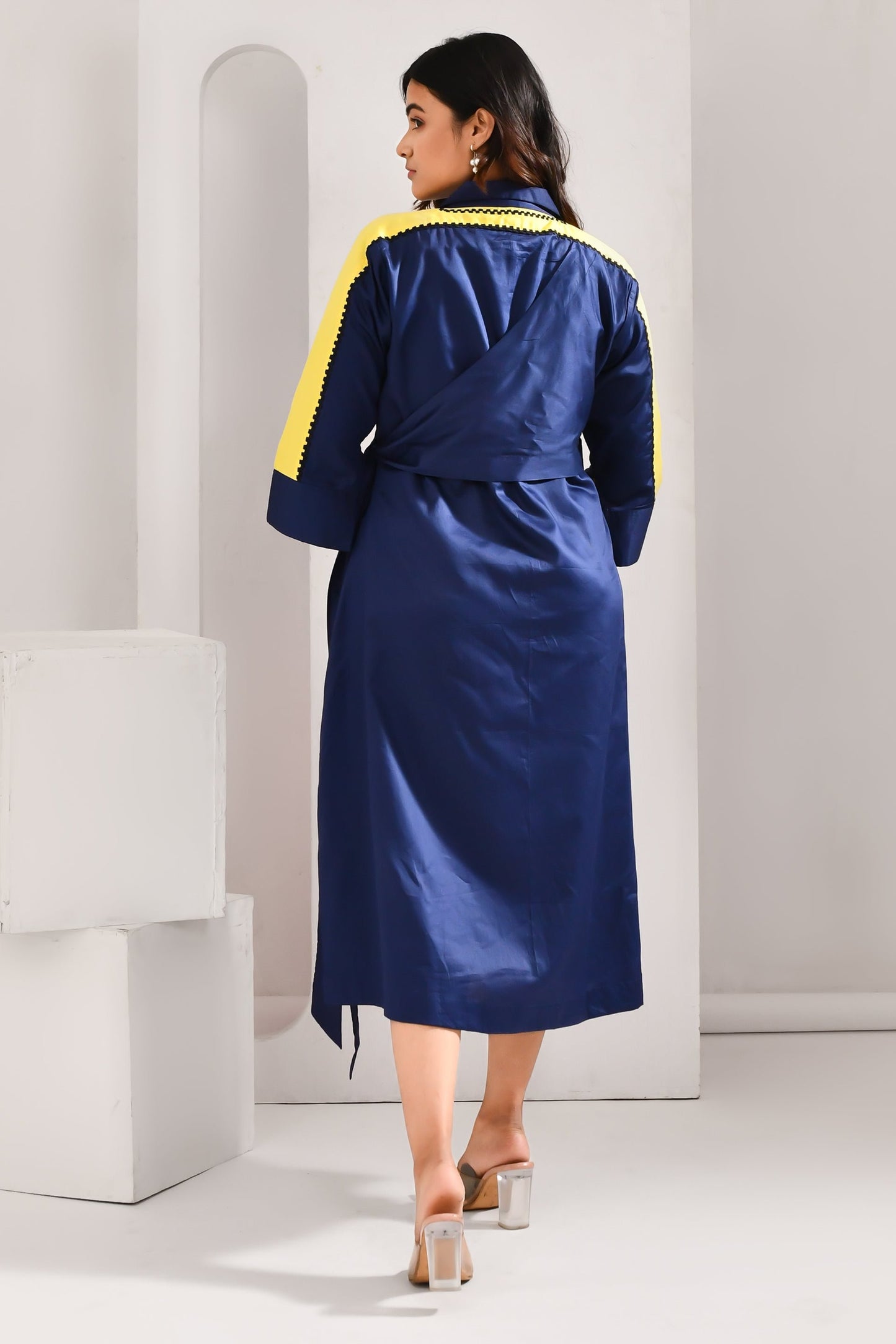 Deep Blue Blended Cotton Solid Jacket Style Dress - Golden Muslin