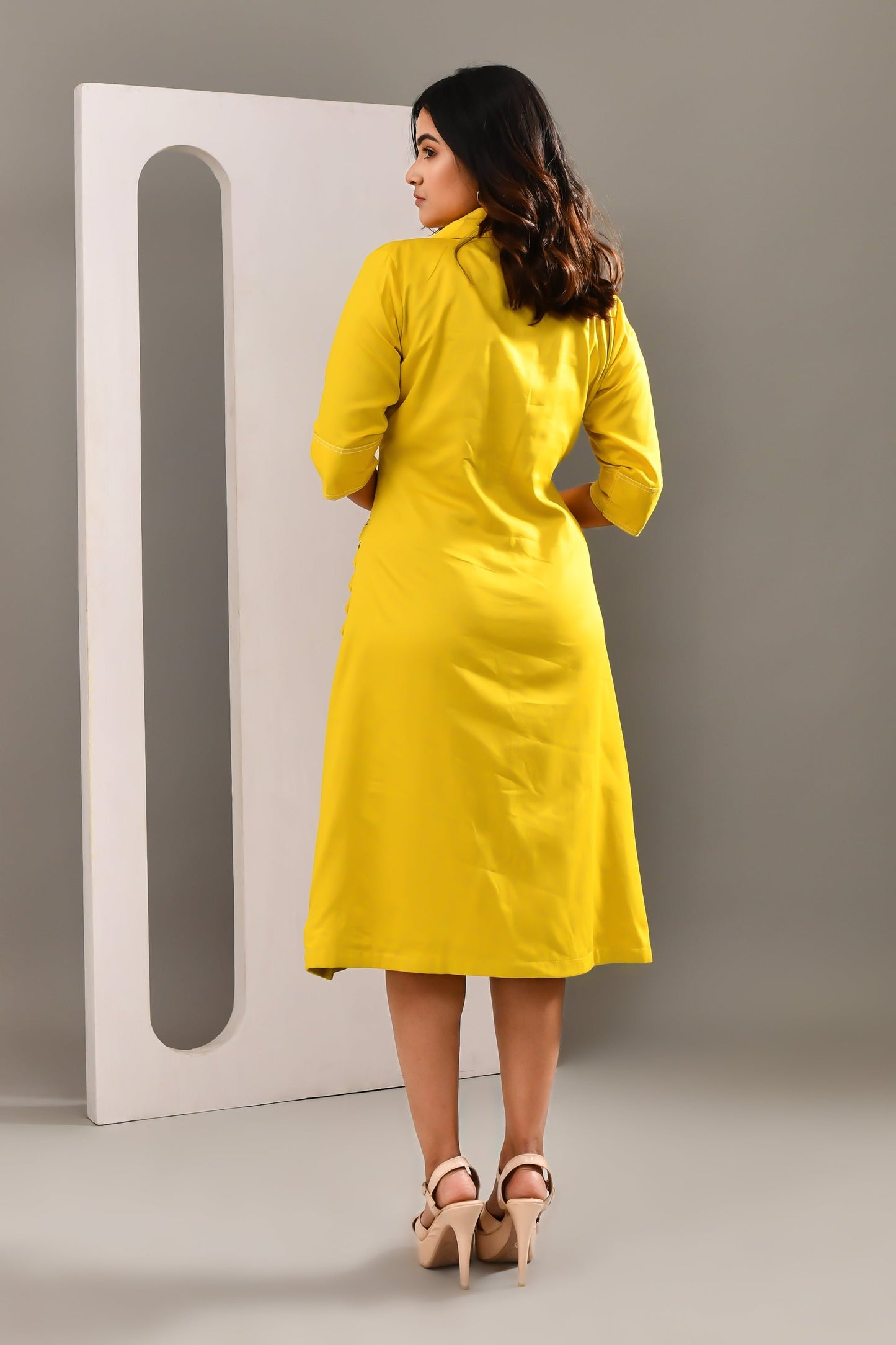 Yellow Blended Cotton Abstract Patterned Dress - Golden Muslin