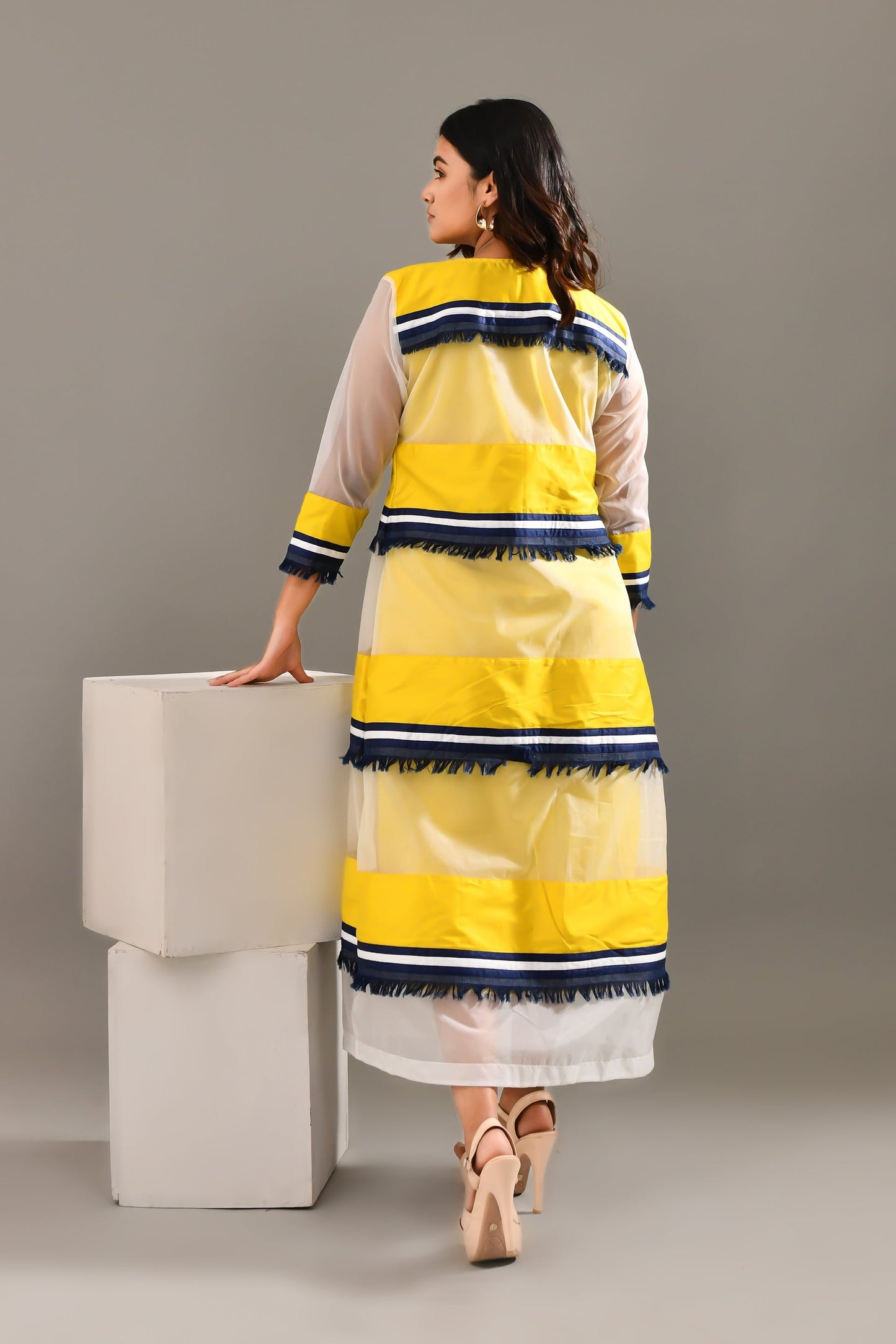 Captivating Multicolored Blended Cotton & Organza Jacket Style Dress - Golden Muslin