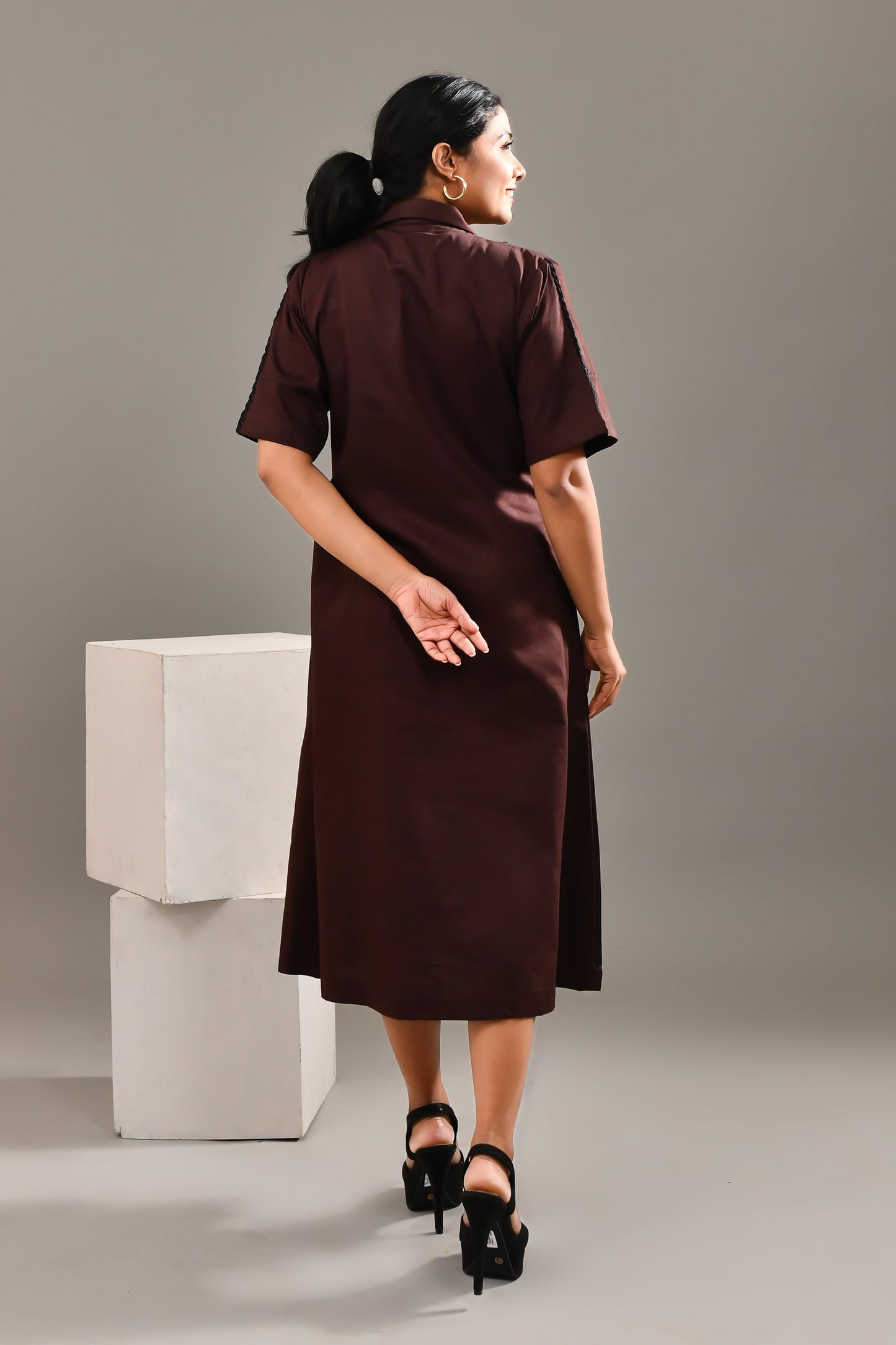 Wine Brown Modal Satin Car Design Dress - Golden Muslin
