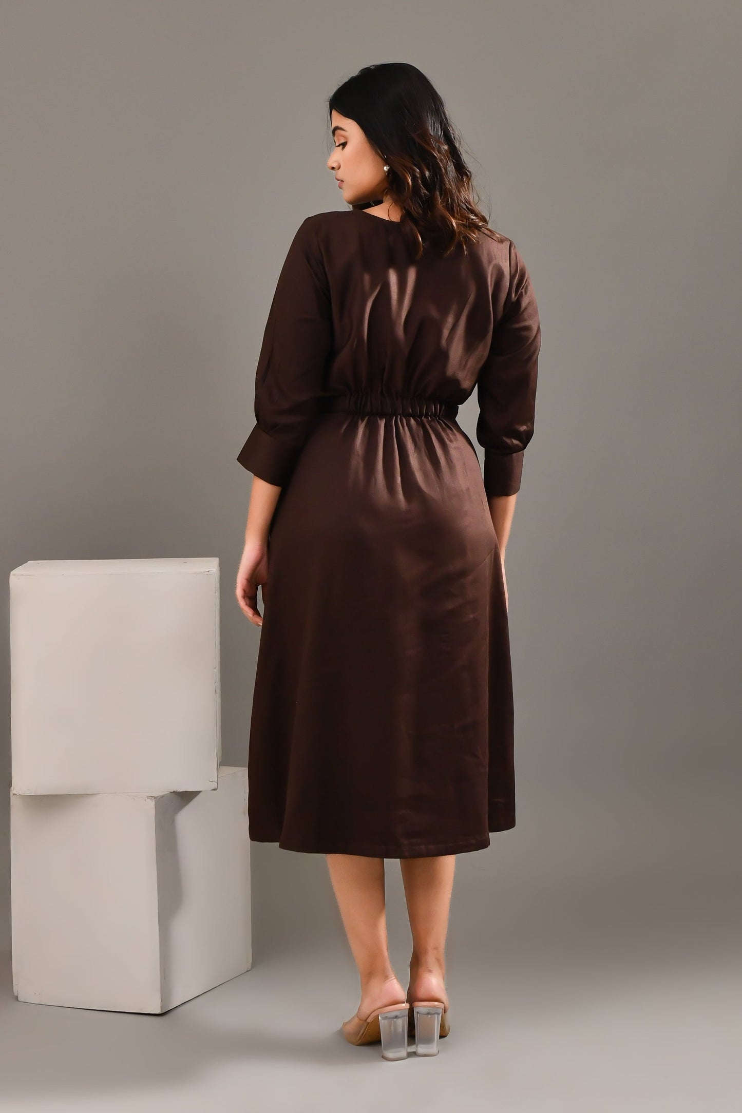 Dark Chocolate Brown Blended Cotton Abstract Designed Dress - Golden Muslin