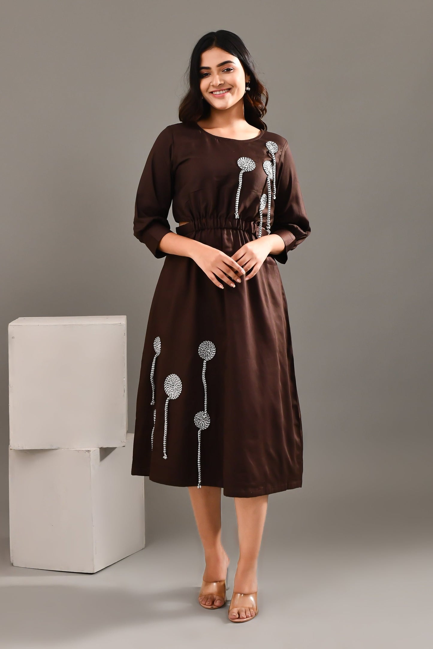 Dark Chocolate Brown Blended Cotton Abstract Designed Dress - Golden Muslin
