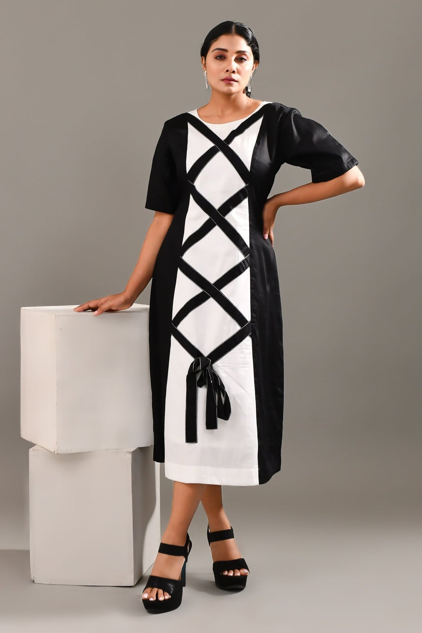 White & Black Blended Cotton Geometric Patterned Dress - Golden Muslin