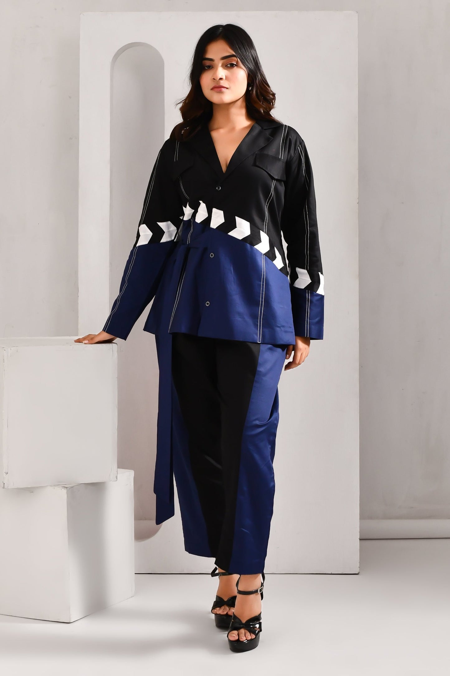 Deep Blue and Black Blended Cotton Jacket Style Co Ord Set - Golden Muslin