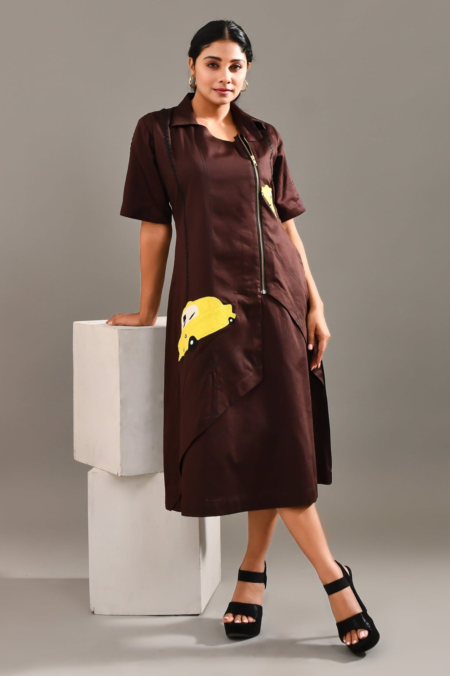 Wine Brown Modal Satin Car Design Dress - Golden Muslin