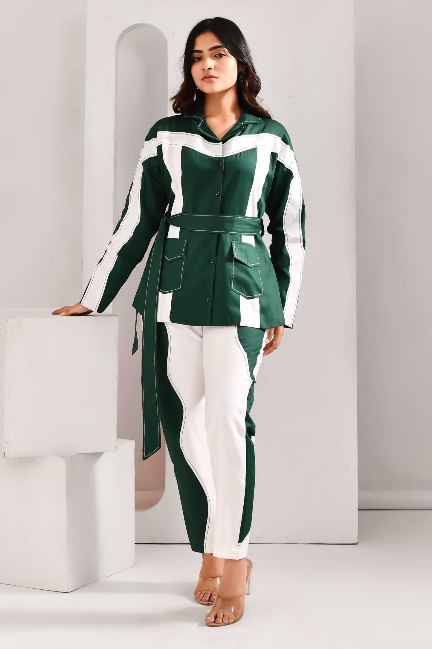 Hunter Green & White Blended Cotton Belt Tie Co Ord Set - Golden Muslin