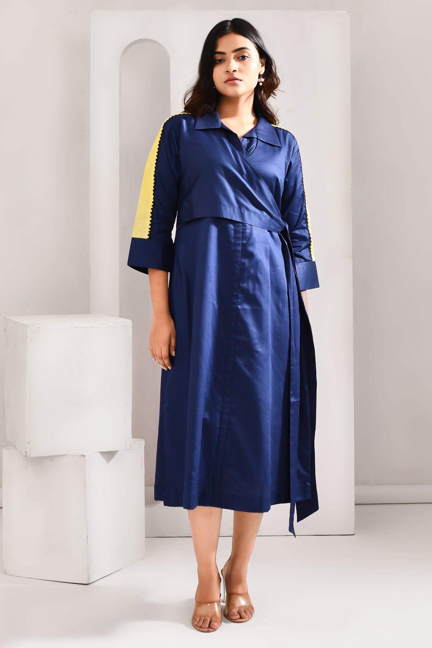 Deep Blue Blended Cotton Solid Jacket Style Dress - Golden Muslin