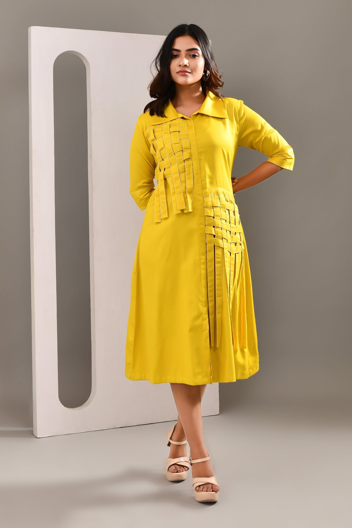 Yellow Blended Cotton Abstract Patterned Dress - Golden Muslin