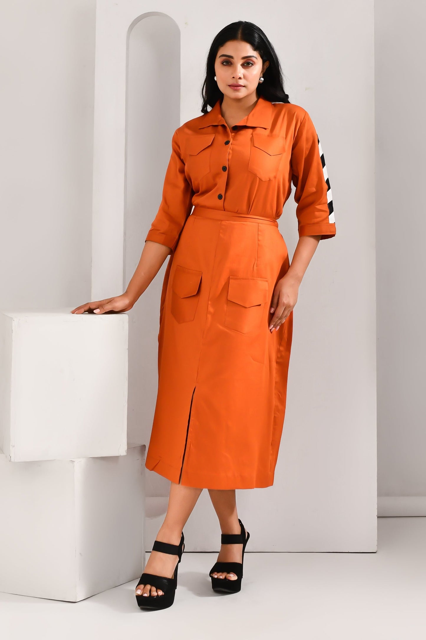 Flame Orange Blended Cotton Pocket Style Co Ord Set - Golden Muslin