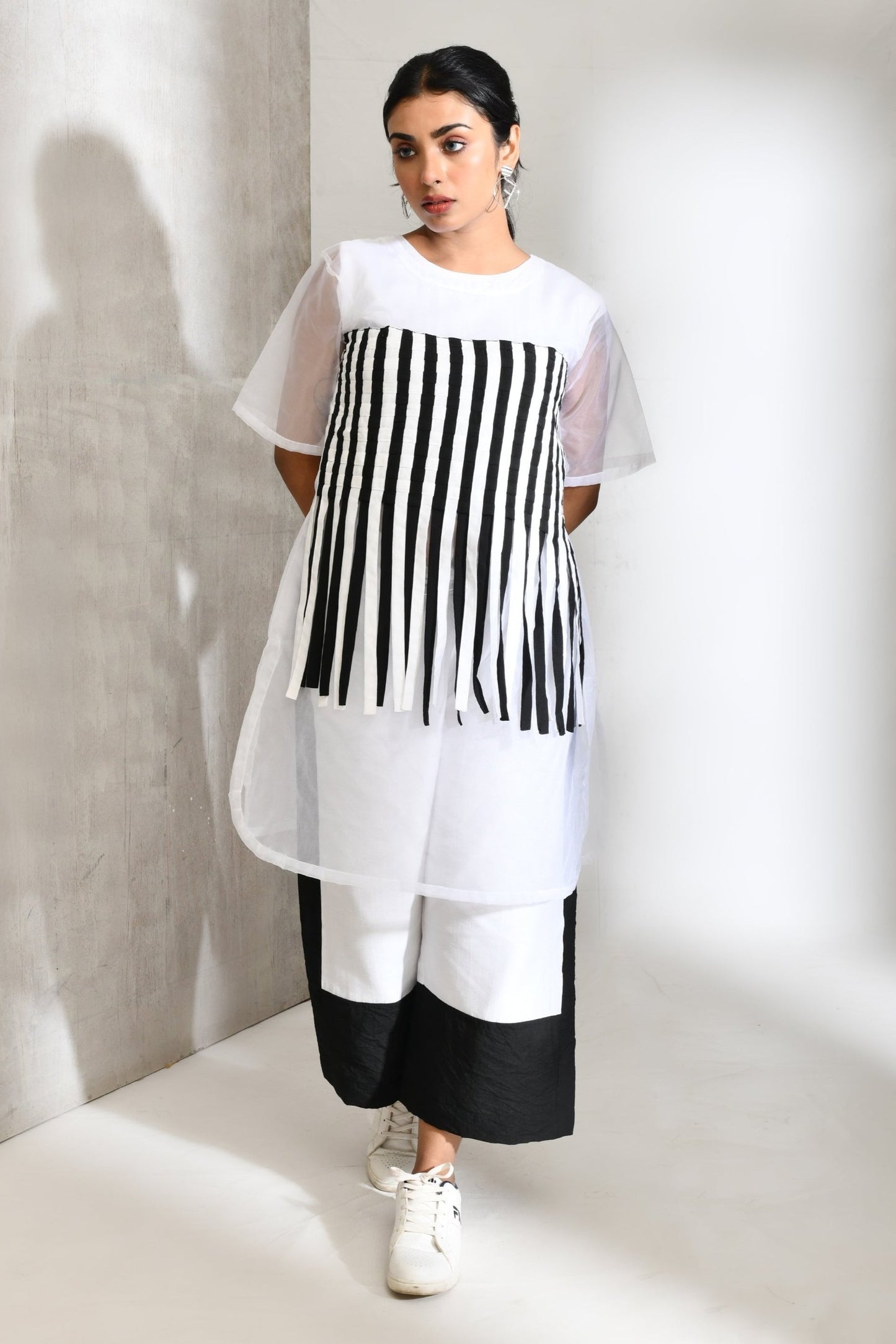 Black and White Blended Cotton and Organza Co Ord Set - Golden Muslin