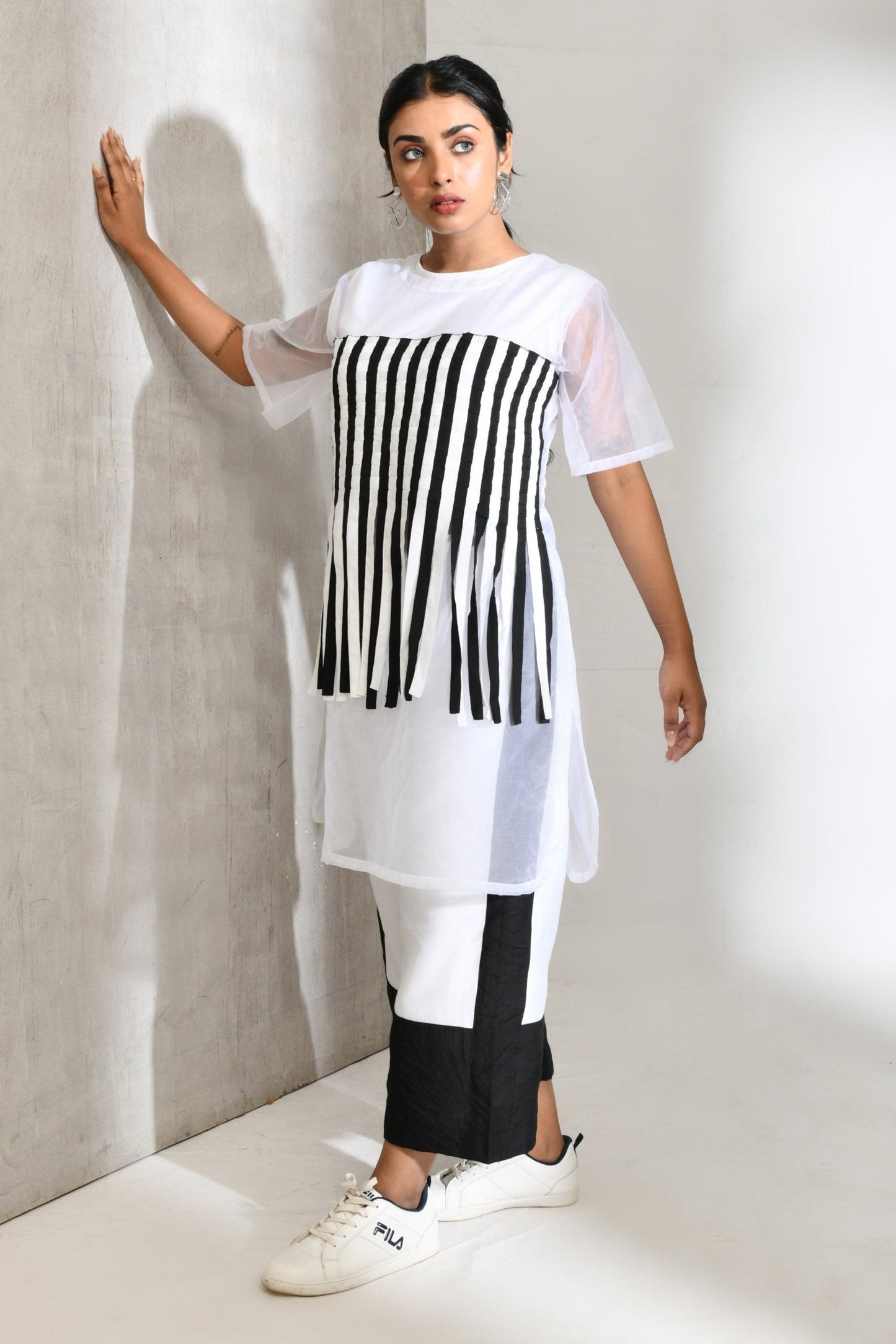 Black and White Blended Cotton and Organza Co Ord Set - Golden Muslin