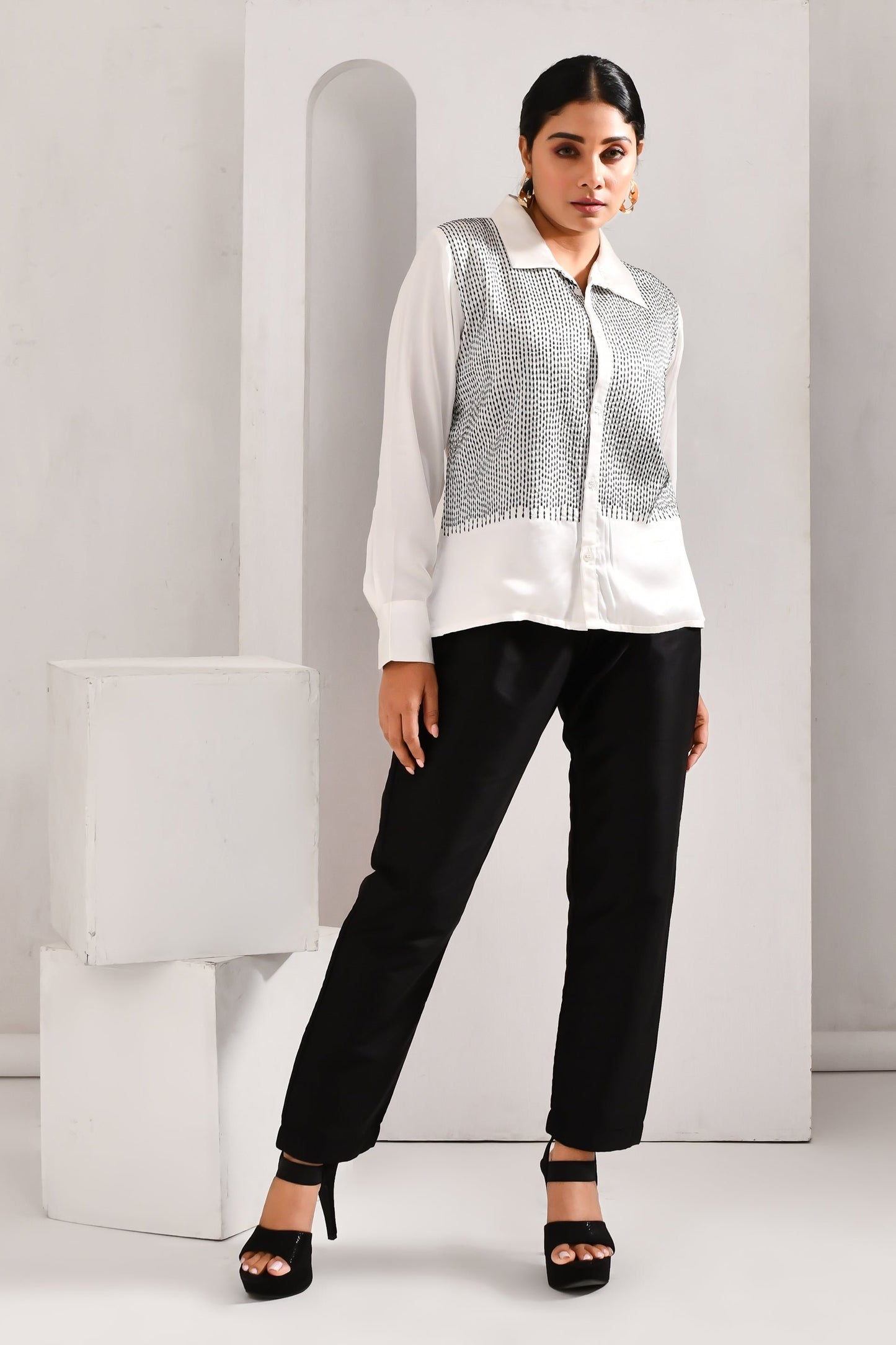 White Modal Satin Kantha Style Shirt - Golden Muslin
