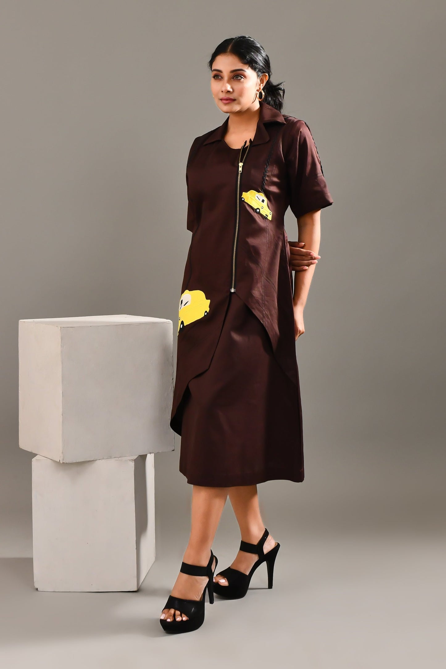 Wine Brown Modal Satin Car Design Dress - Golden Muslin