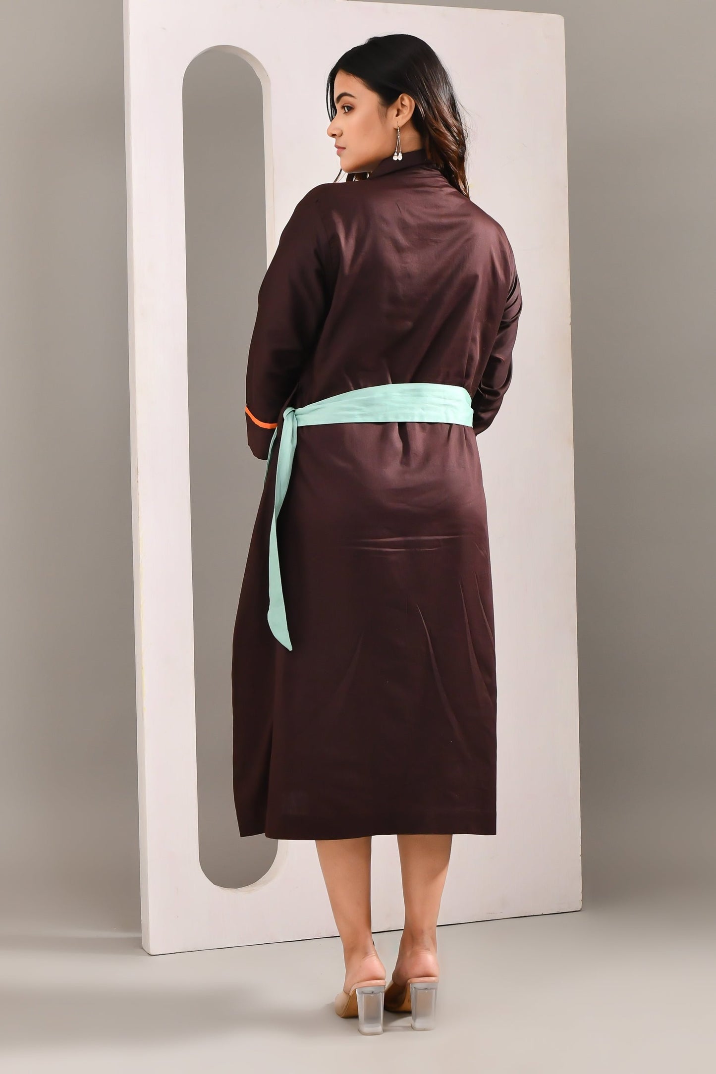 Dark Purplish Brown Blended Cotton Multi Textured Dress - Golden Muslin