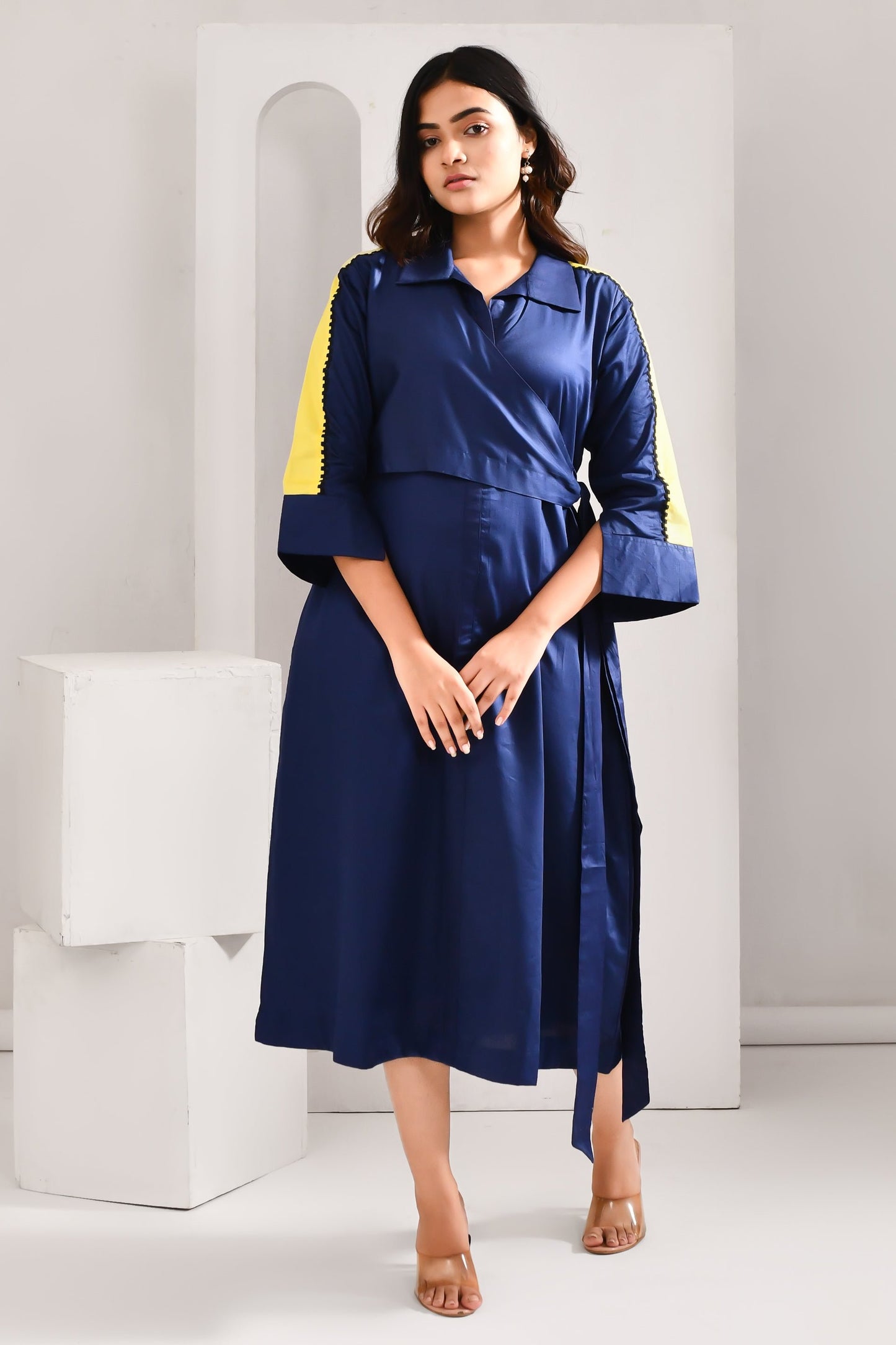 Deep Blue Blended Cotton Solid Jacket Style Dress - Golden Muslin