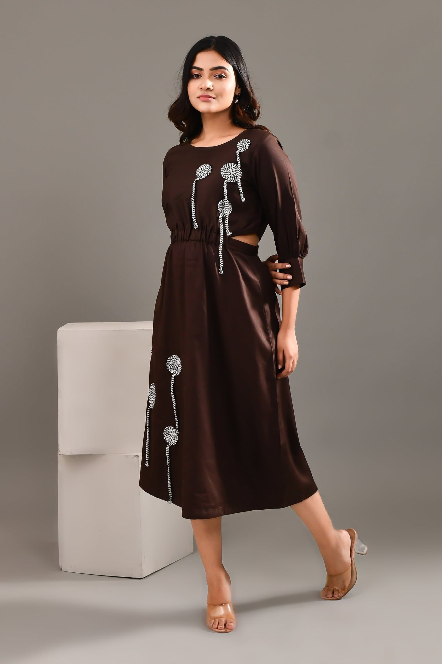 Dark Chocolate Brown Blended Cotton Abstract Designed Dress - Golden Muslin