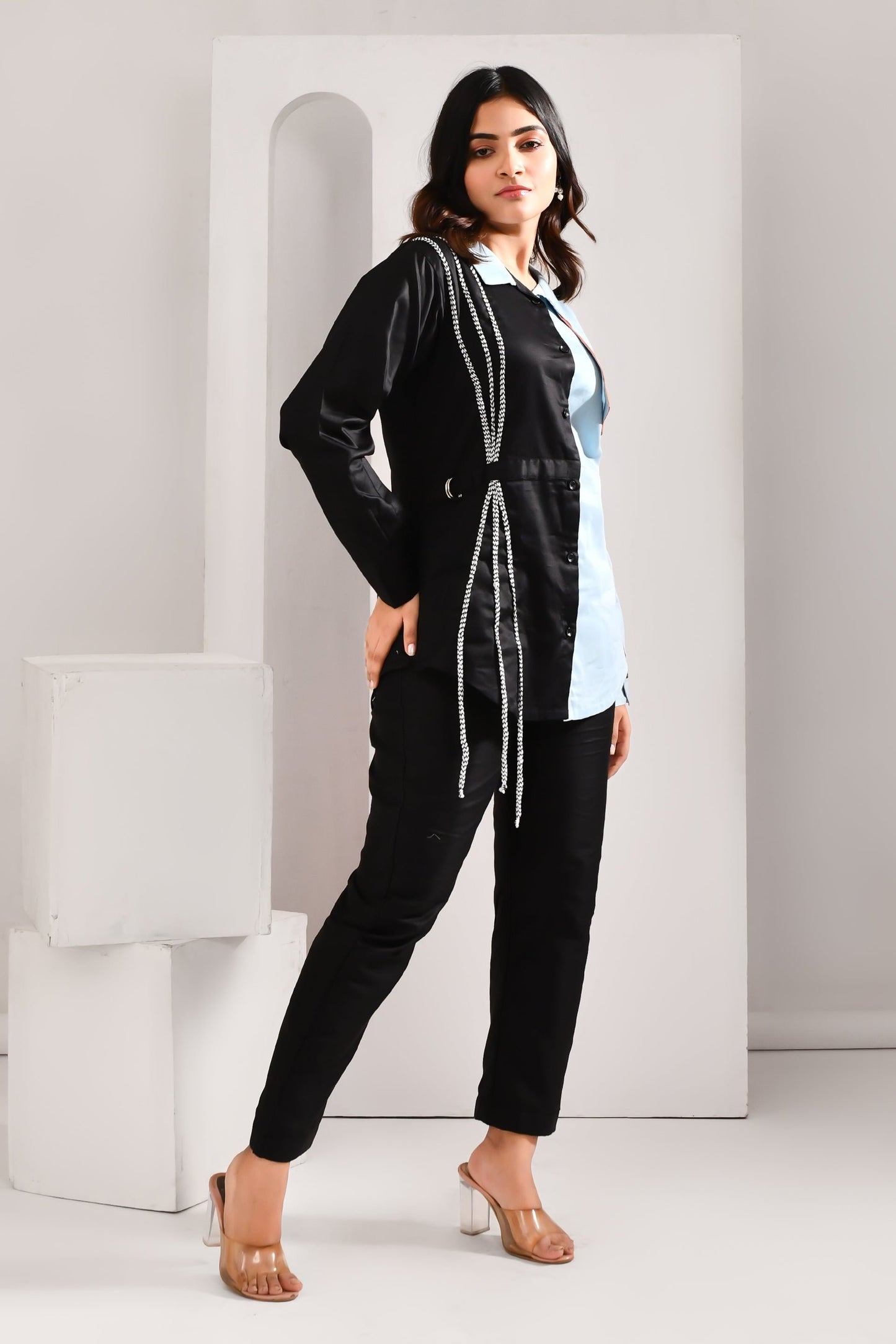 Black & Sky Blue Thread Worked Blended Cotton Shirt - Golden Muslin