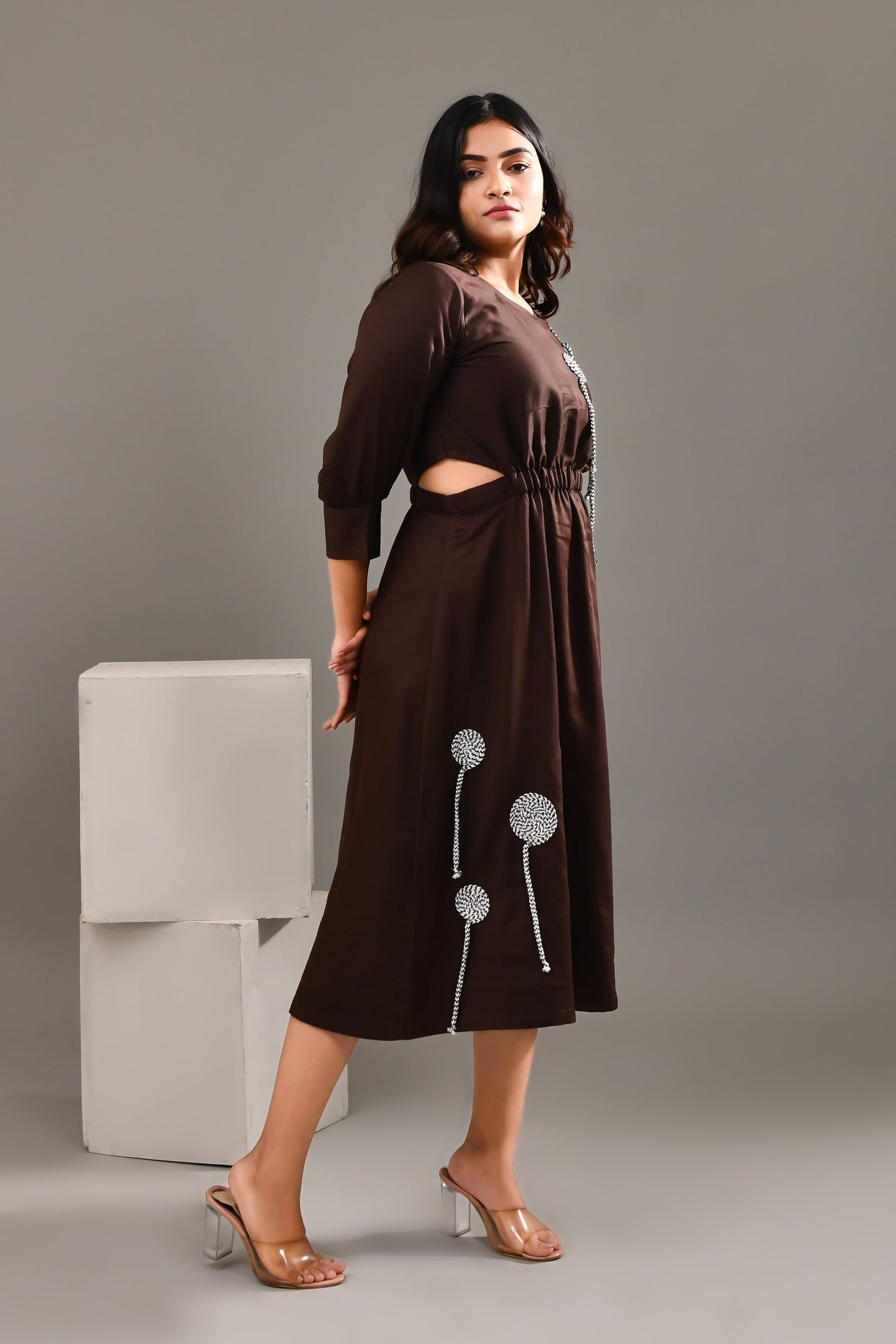 Dark Chocolate Brown Blended Cotton Abstract Designed Dress - Golden Muslin