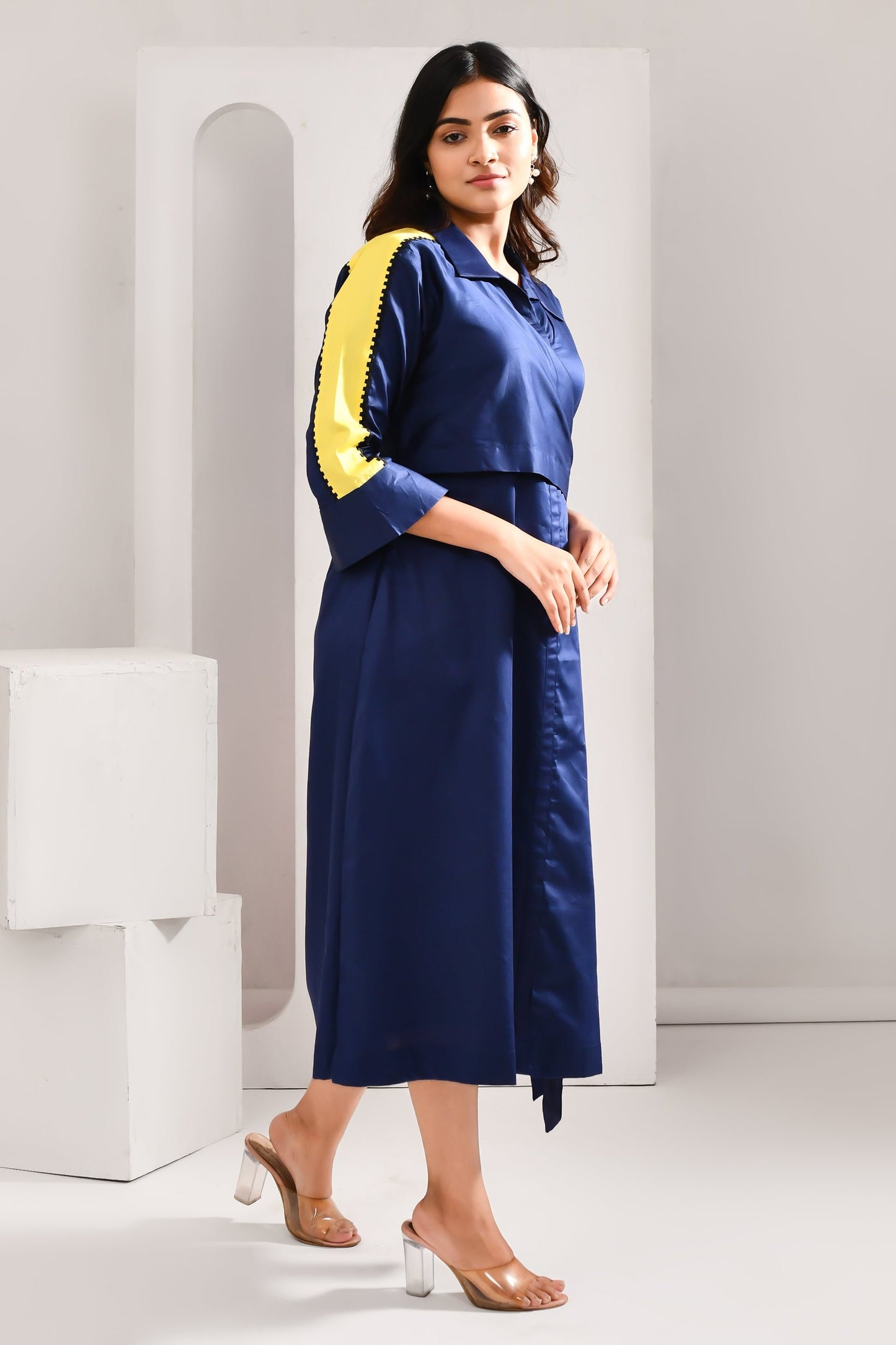 Deep Blue Blended Cotton Solid Jacket Style Dress - Golden Muslin