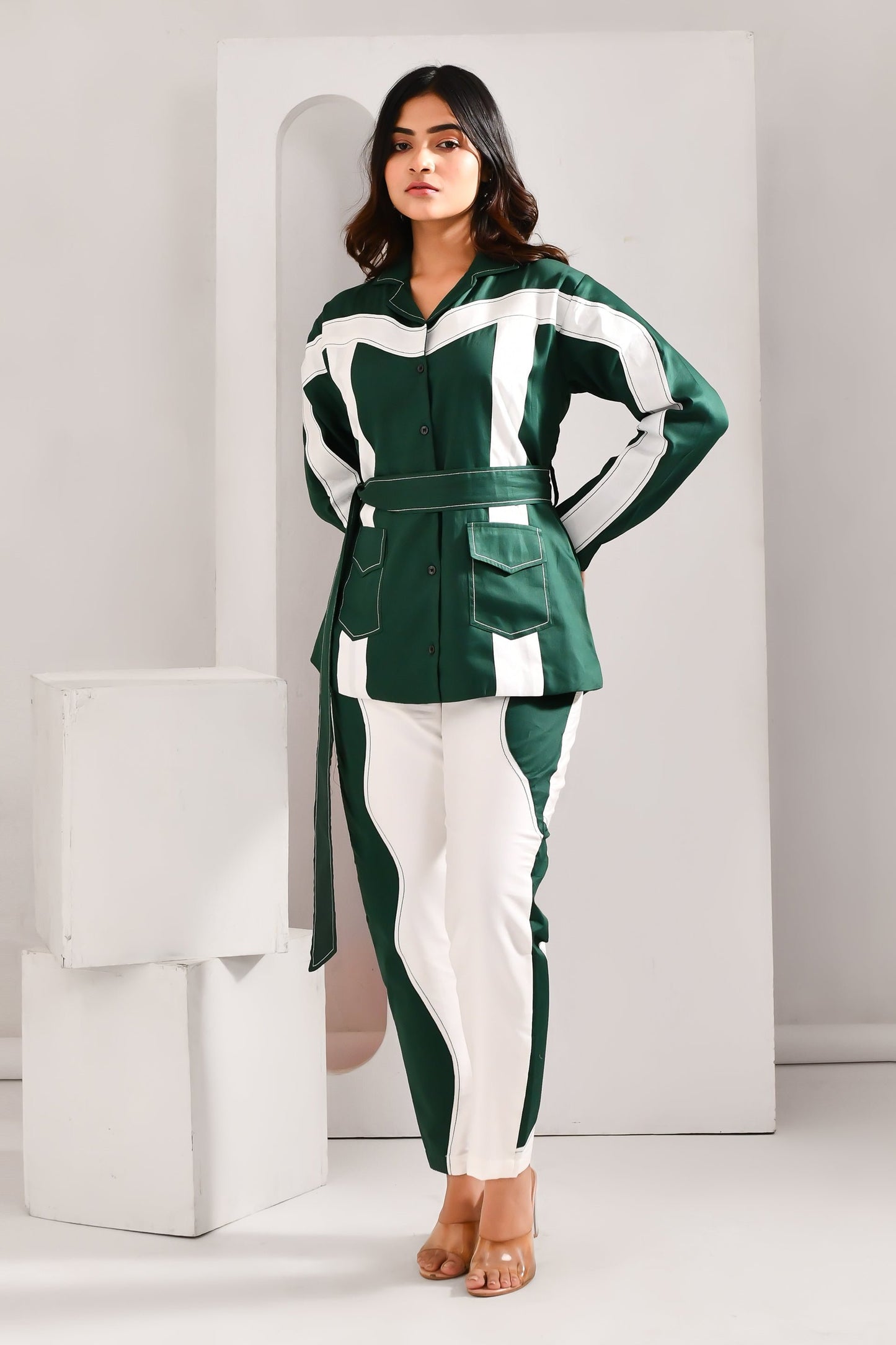 Hunter Green & White Blended Cotton Belt Tie Co Ord Set - Golden Muslin